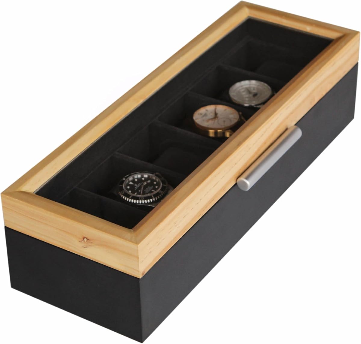 CASE ELEGANCE Caja para relojes de 6 ranuras - Pino de dos tonos y base negra | Caja de reloj, mango de aluminio moderno, tapa de cristal auténtico.