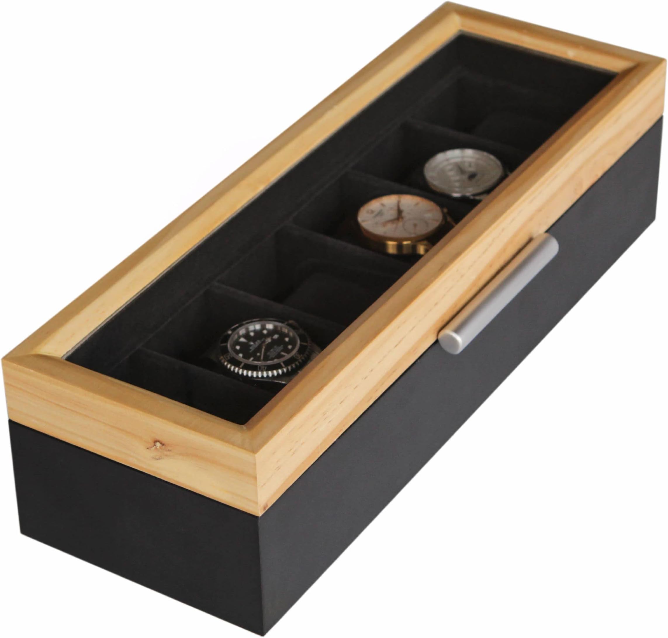 – Two-Toned Pine and Black Base with Modern Aluminum Handle 6-Slot Watch Box with Real Glass