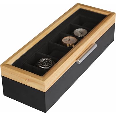 CASE ELEGANCE Two-Toned Pine and Black Base with Modern Aluminum Handle 6-Slot Watch Box with Real Glass