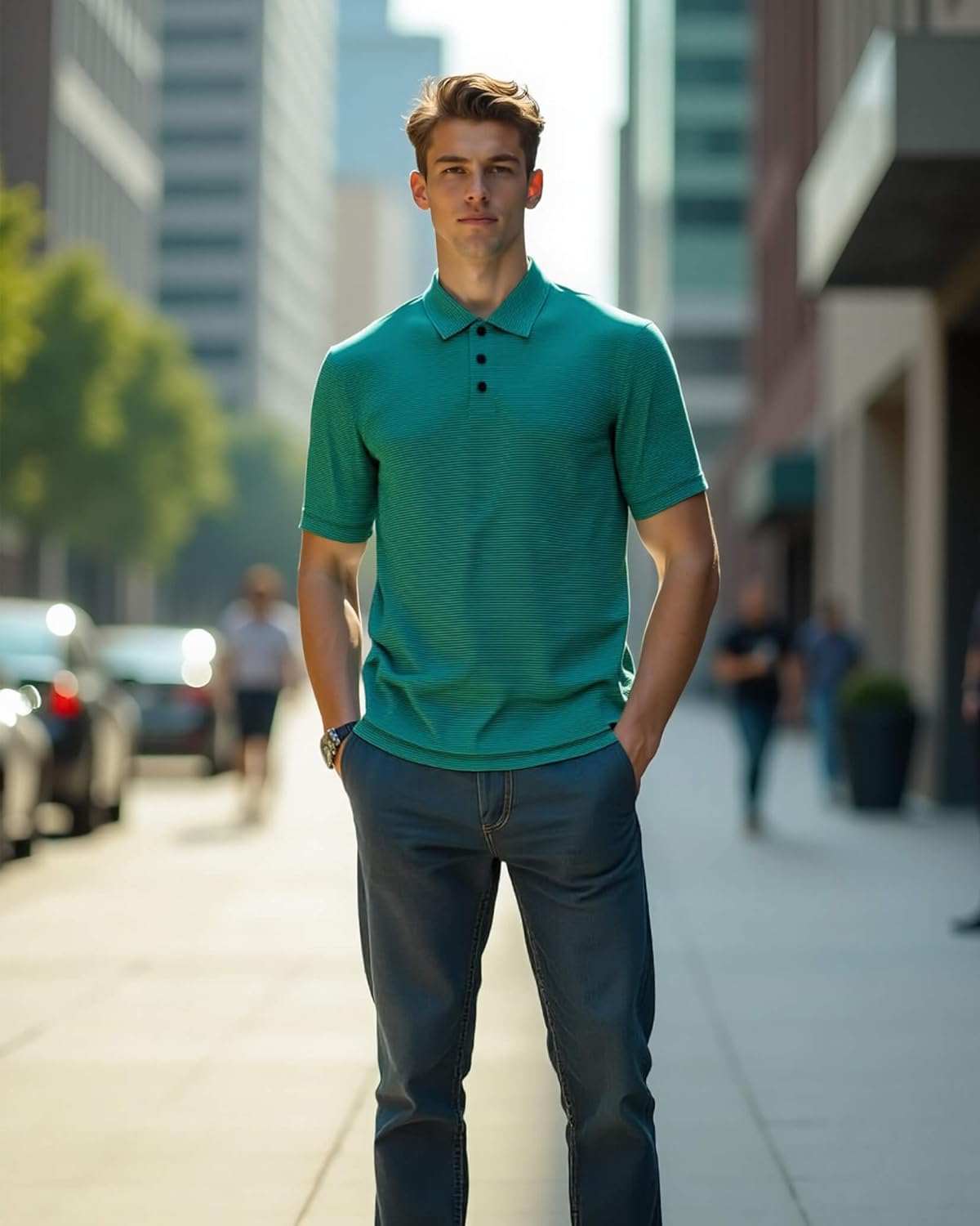 Men's Polo Shirts Short Sleeve Performance Dry Fit Moisture Wicking Pin Striped Golf Shirts for Men