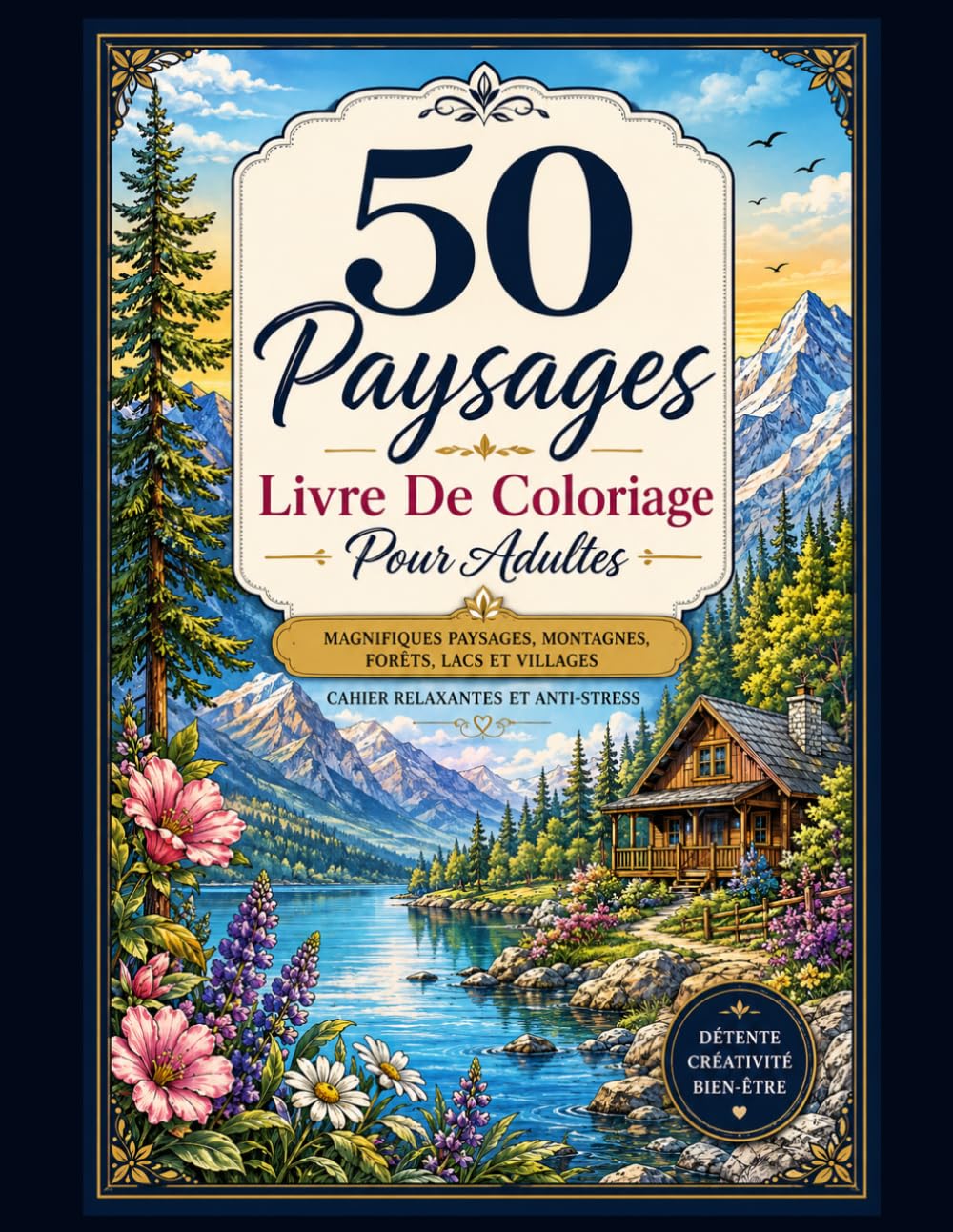 50 Paysages Livre De Coloriage Pour Adultes: Magnifiques Paysages, Montagnes, Forêts, Lacs et Villages | Cahier Relaxantes et Anti-stress