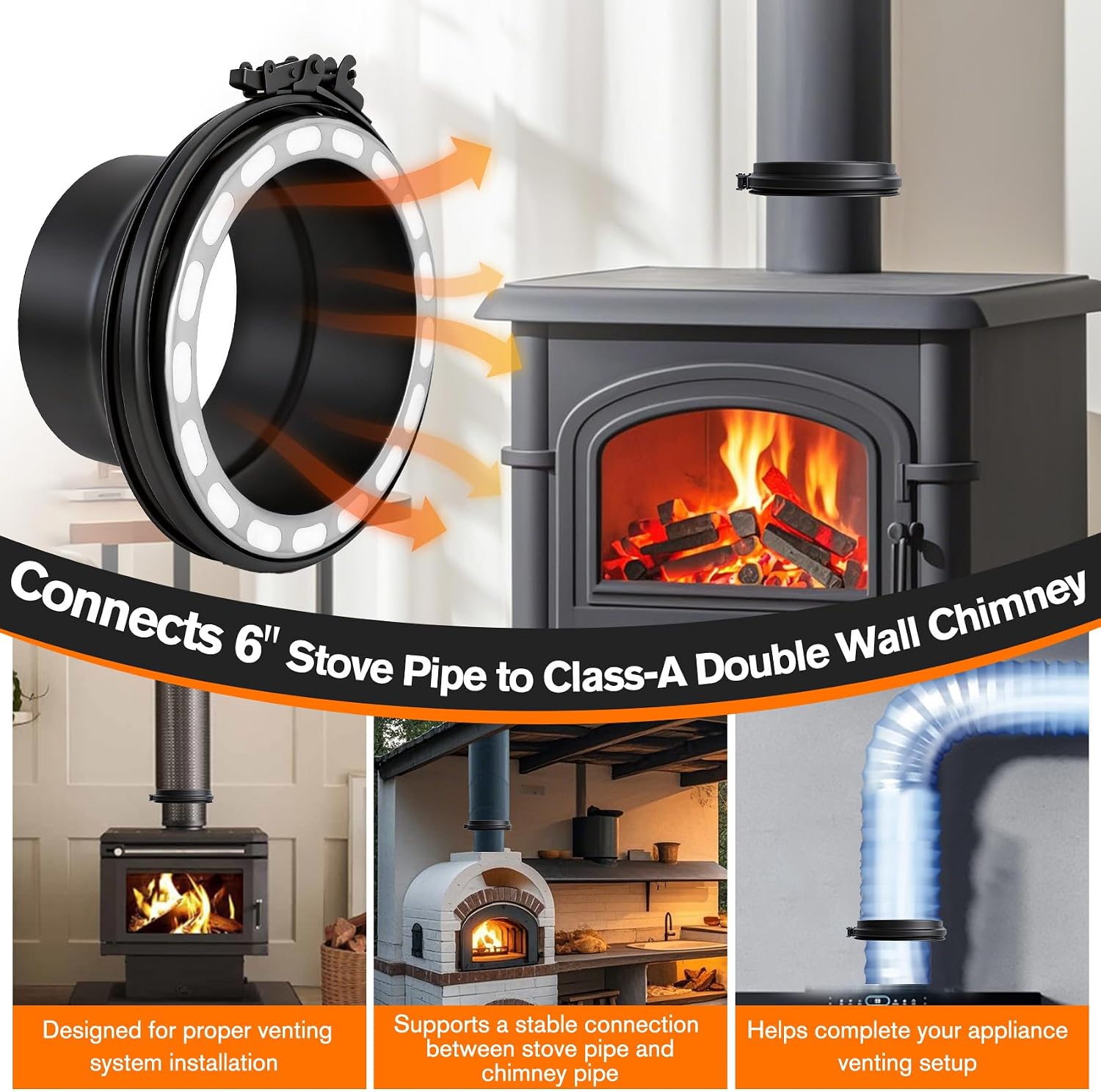 6 Inch Stove Pipe Adapter for Class-A Chimney, 304 Stainless Steel