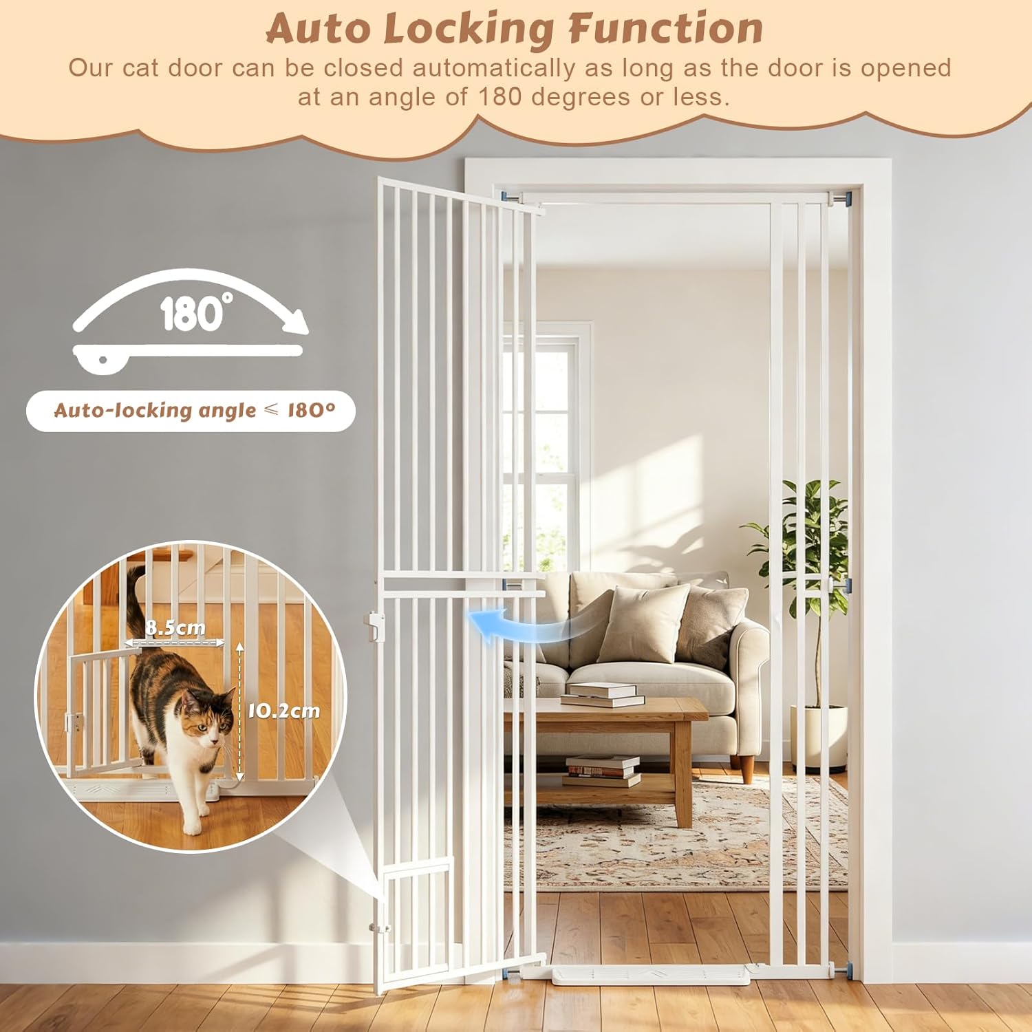 78.7" Extra Tall Pet Gate with Cat Door, Pressure Mounted Walk Through Gate for Stairs & Doorways, Fits 28.7"-37.5" Wide, Auto Close Safety Dog Gate, No Drill, White