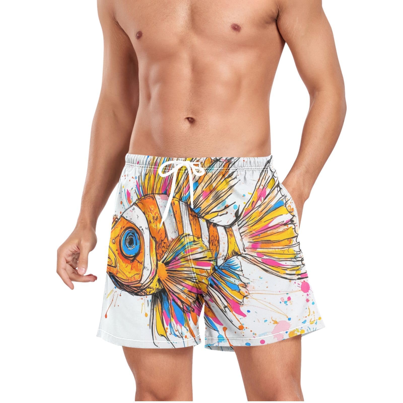 Pantalones cortos de natación para hombre naranjas con dibujos 8