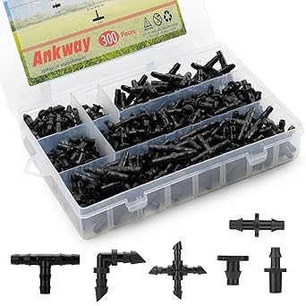 300 Pcs Barbed Connectors Irrigation Fittings Kit,Drip Irrigation Barbed Connectors 1/4''Tubing Fittings Kit for Flower Pot Garden Lawn(Straight Barbs,Single Barbs,Tees,Elbows,End Plug,4-Way Coupling)