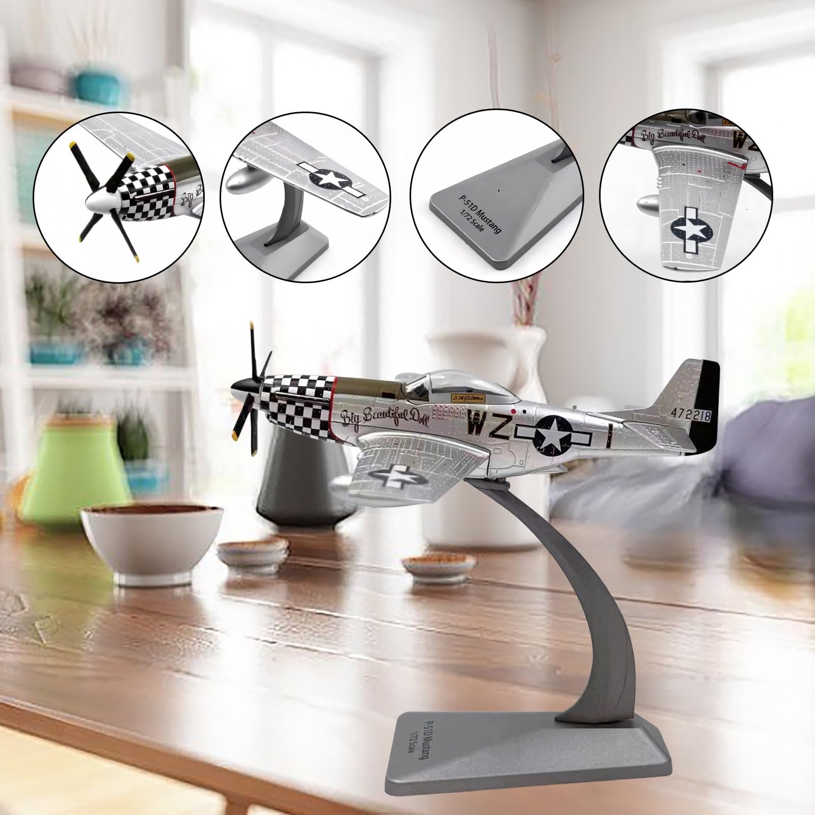 P-51D Fighter Aircraft Scale Model 1/72 Scale Metal Die-Cast Display w/Stand Collector-Grade Detailing for Adult Aviation Enthusiasts Military History Buffs Perfect Display Piece Home