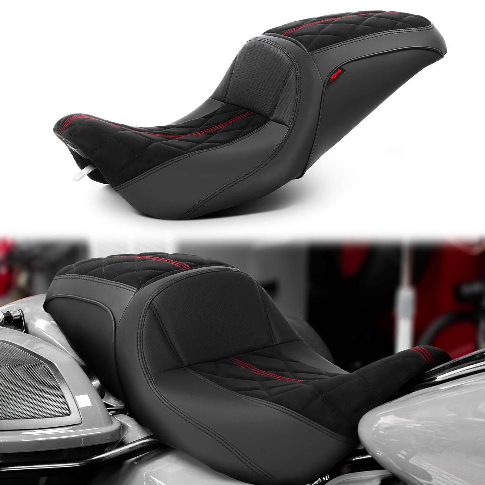 One-Piece Custom Rider Passenger Seat Silicone Seat Diamond Stitching Pattern Compatible with Harley Road King FLHR 1997-2007 Street Glide FLHX 2006-2007 (Black/Red Stitching)