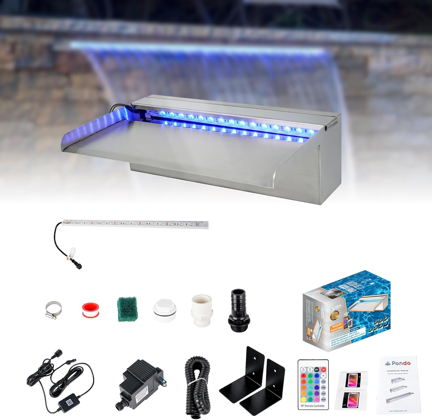 36'' APP 316 Stainless Steel Spillway with 16-Color LED Light Bar, Salt Water Corrosion Resistant Lighted Waterfall Pool Fountain Designed for Seawater Use, Waterfall Spillway for Garden Outdoor
