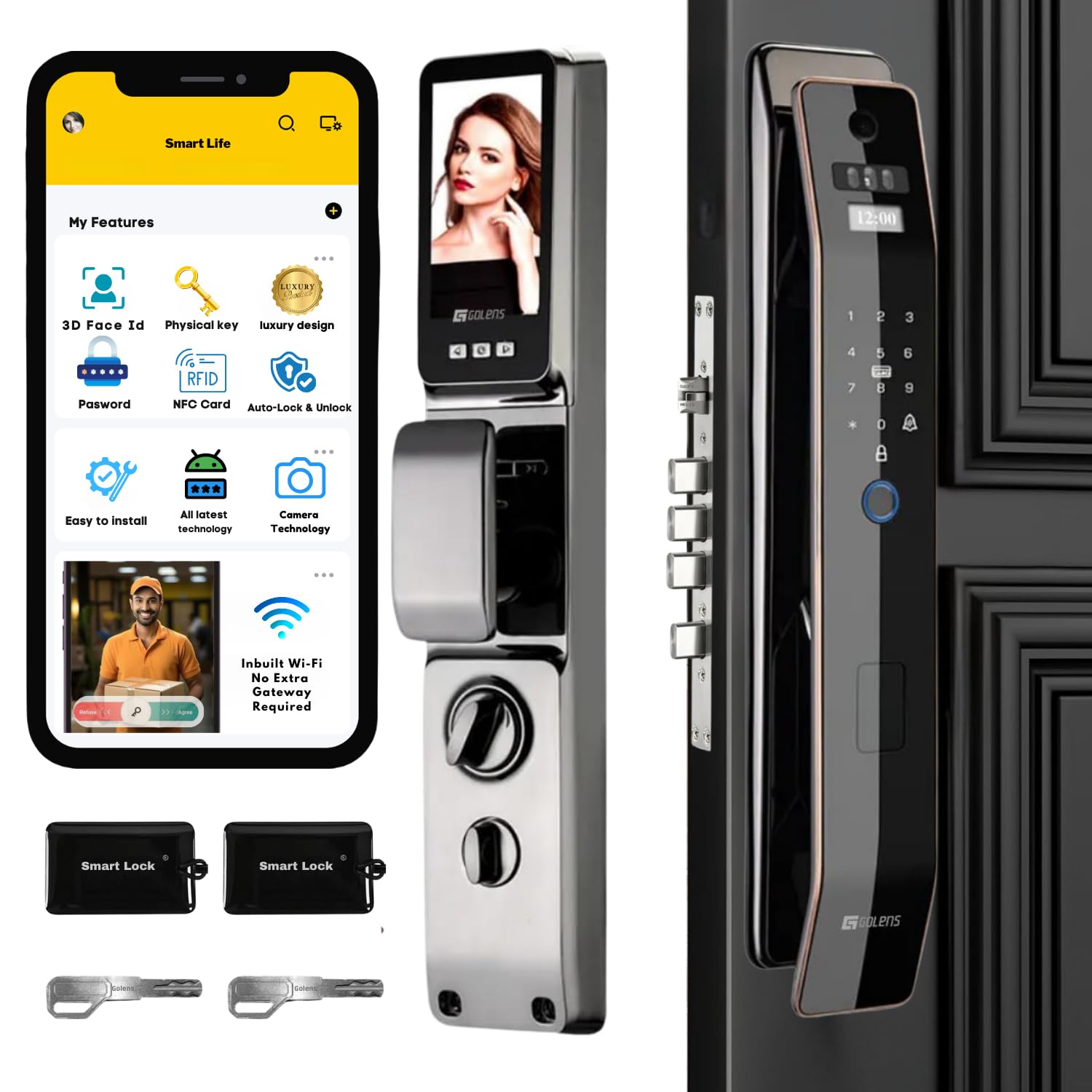Golens X13 Luxury Smart Lock, Digital Door Lock 3D Face Recognition, On Demand Video Intercom & on Demand Wi-Fi Remote Unlock Using App, Fingerprint, RFID Card, PIN, Key Easy Installation (B0BSNXGGYF) Amazon Price History, Amazon Price Tracker
