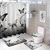 FekiLoot Black Gray Butterflies Bathroom Sets with Shower Curtain and Rugs 4Pcs Bathroom Shower Curtain Sets Incl Shower Curtain with 12 Hooks Bath Mat U-Shaped Floor Mat Toilet Lid Rectangle Rug
