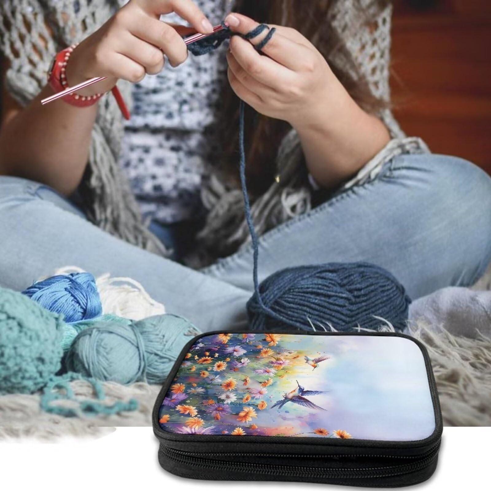 YUVAMAGIMO Hummingbird Crochet Hook Case with Mesh Pocket and Compartment Travel Storage Bag for Various Crochet Needles and Accessories Easy to Carry Gift for Friends and Family