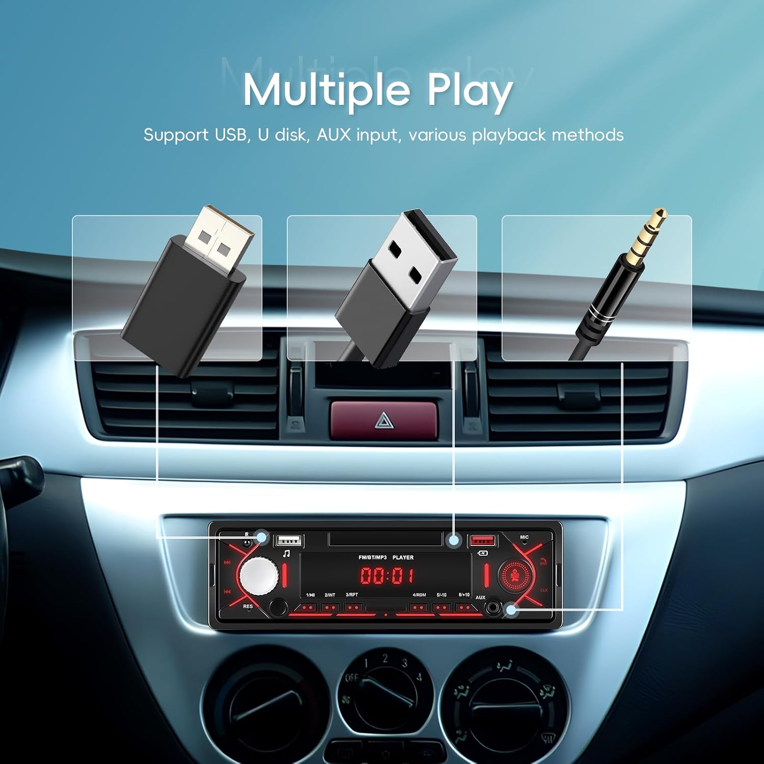 Автомагнитола 1 DIN, Bluetooth 5.0, автомагнитола с функцией громкой связи Bluetooth / 2 USB/TF/AUX IN RCA, автомагнитола 1 DIN с поддержкой MP3, стереоресивер для автомобиля, быстрая зарядка