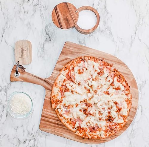 Miniatura 12 de Tabla Gourmet de madera de acacia de piel para pizza, Pala para pizza