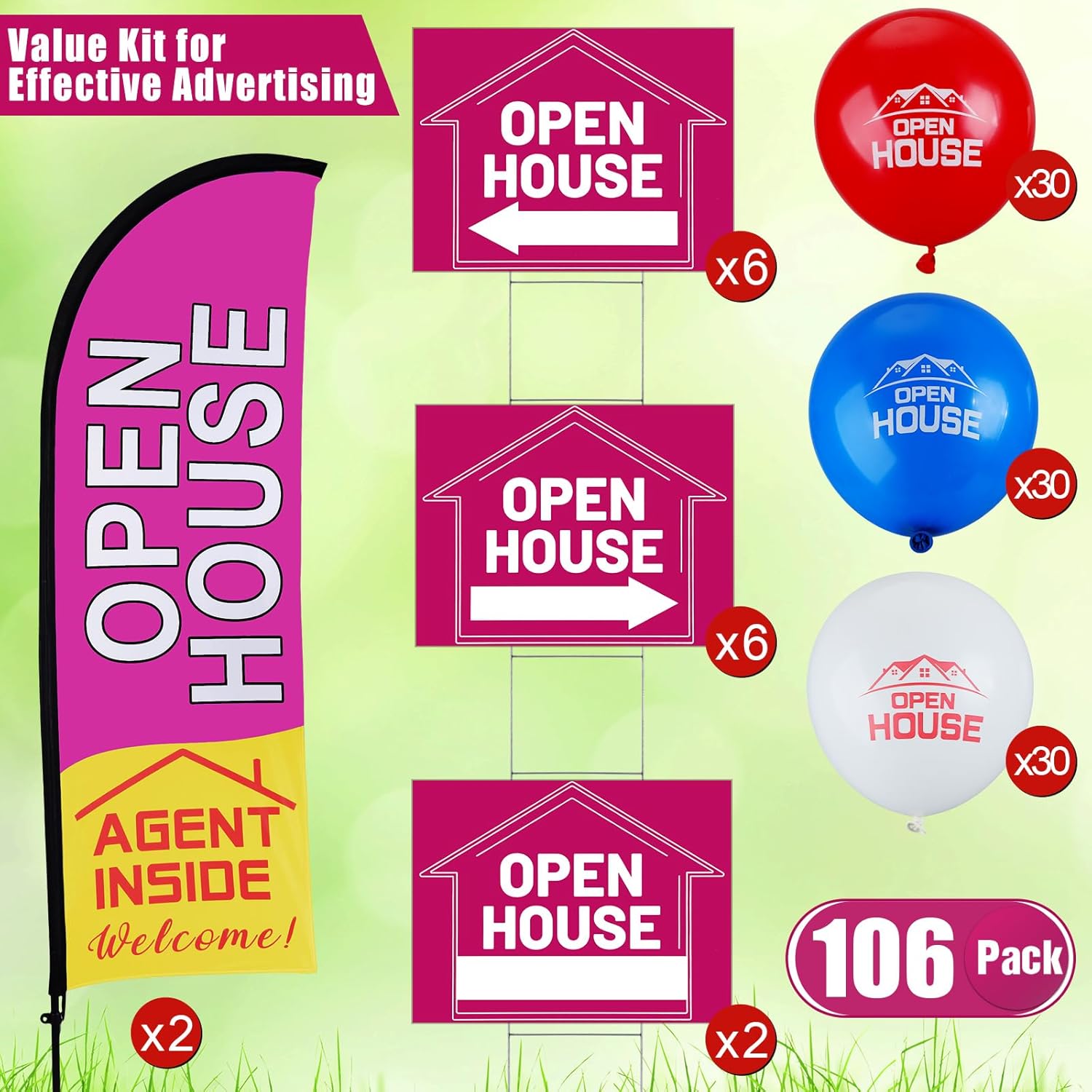 Buryeah 106 Pcs Real Estate Agent Supplies Accessories, 2 Open House Banner Flag with Pole Kit, 14 Yard Lawn Ground Sale Directional Arrows Signs with Stakes Double Sided and 90 Balloons (Purple)