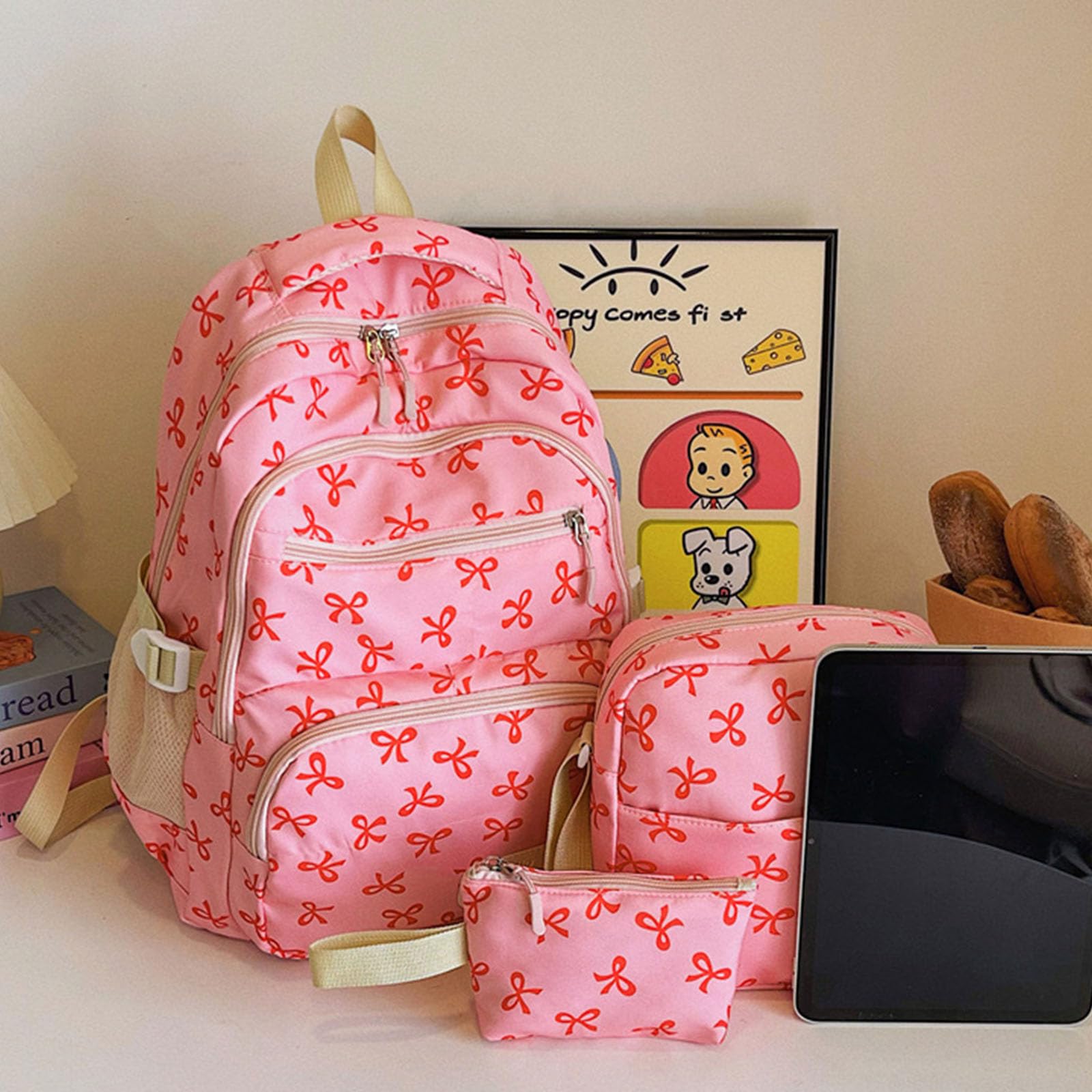 Zaini estetici da 3 per zaini con fiocchi per ragazza Set Zaini casual capacità Zaino da viaggio Borsa da scuola per studenti
