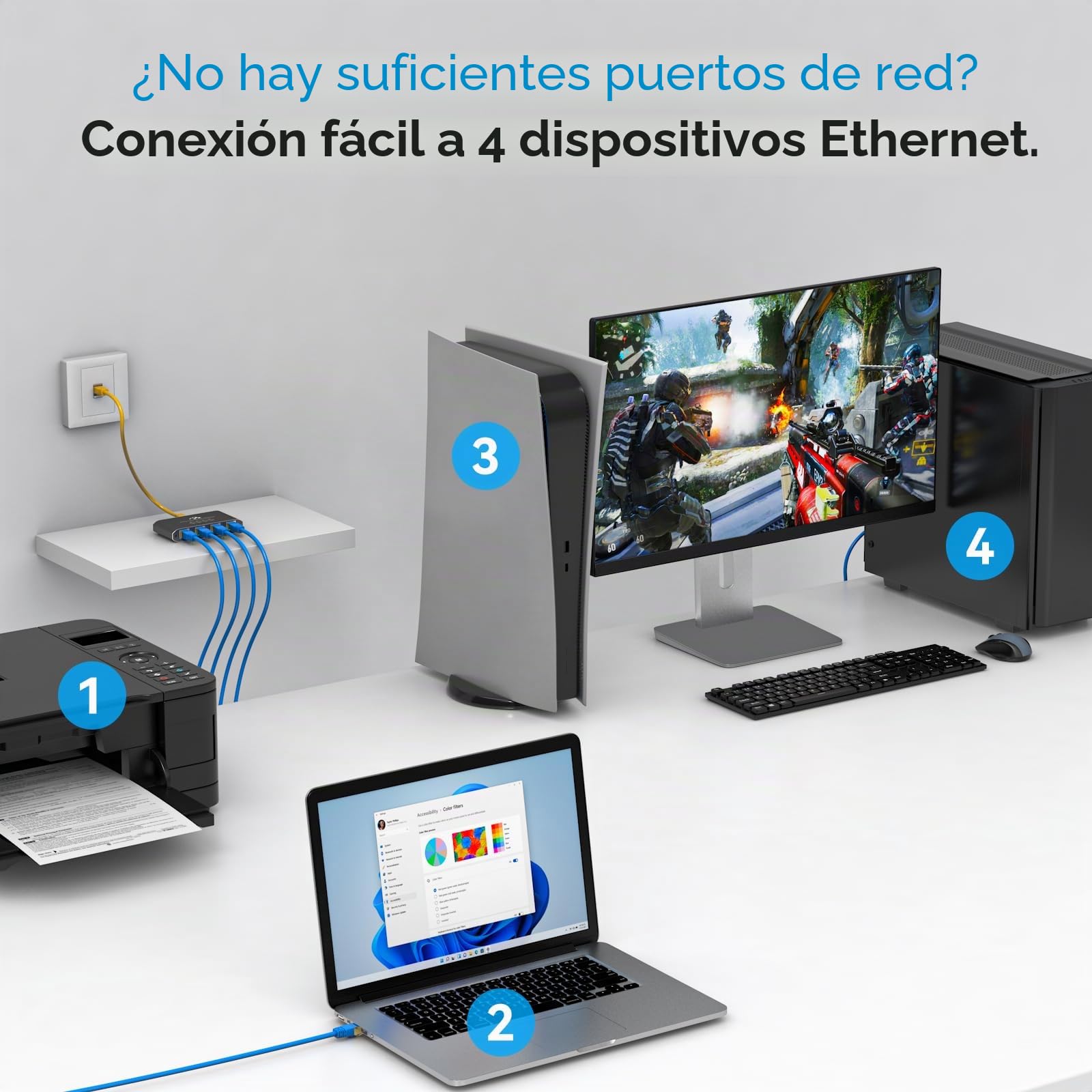 VEDINDUST Switch Ethernet 1 a 4 Puertos 1000Mbps Ethernet Splitter, RJ45 Hub Network LAN Gigabit Ethernet Duplicador con Cable de USB C, para Ordenador, Router, TV