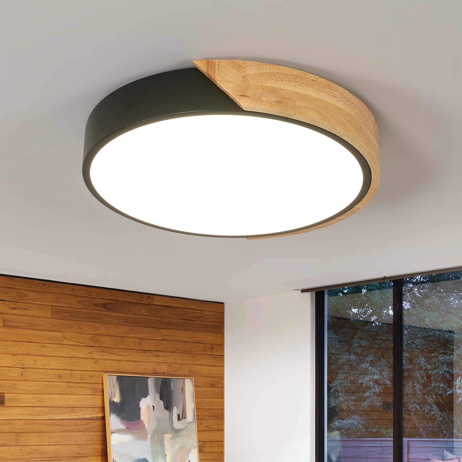 Riserva Round Wood LED Ceiling Light 30W, Black, 4500K Neutral Light, 30cm
