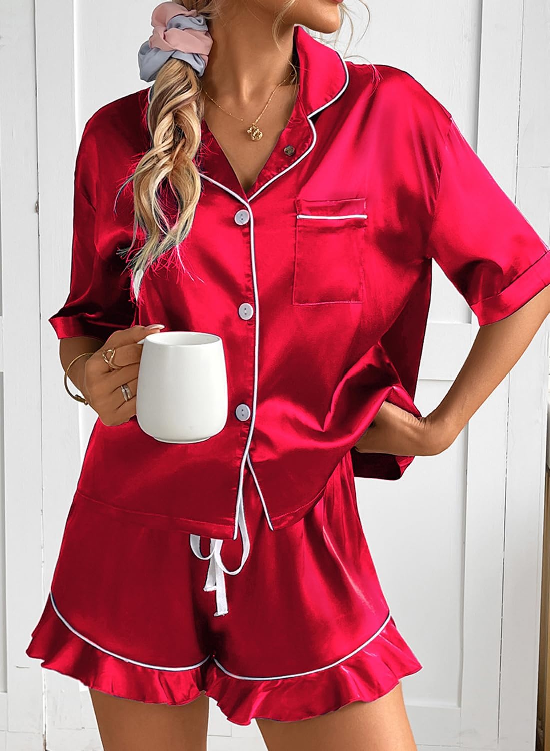 CHYRII Women's Silk Satin Pajamas Two Piece Pj Sets Short Sleeve Tops Ruffled Shorts Sleepwear with Magnetic Diffuser - Image 3