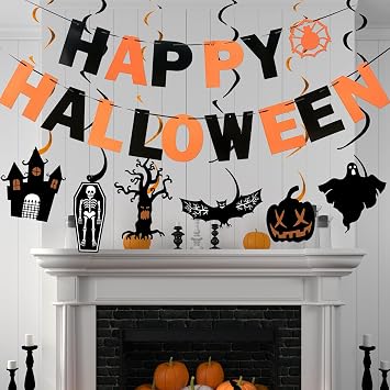Halloween Decoration Set Happy Halloween Garland Large Bat Pumpkins White Ghost and Spiders Bunting Garland Spirals Ceiling Decoration Indoor & Outdoor Garden Halloween Decoration Party Decoration
