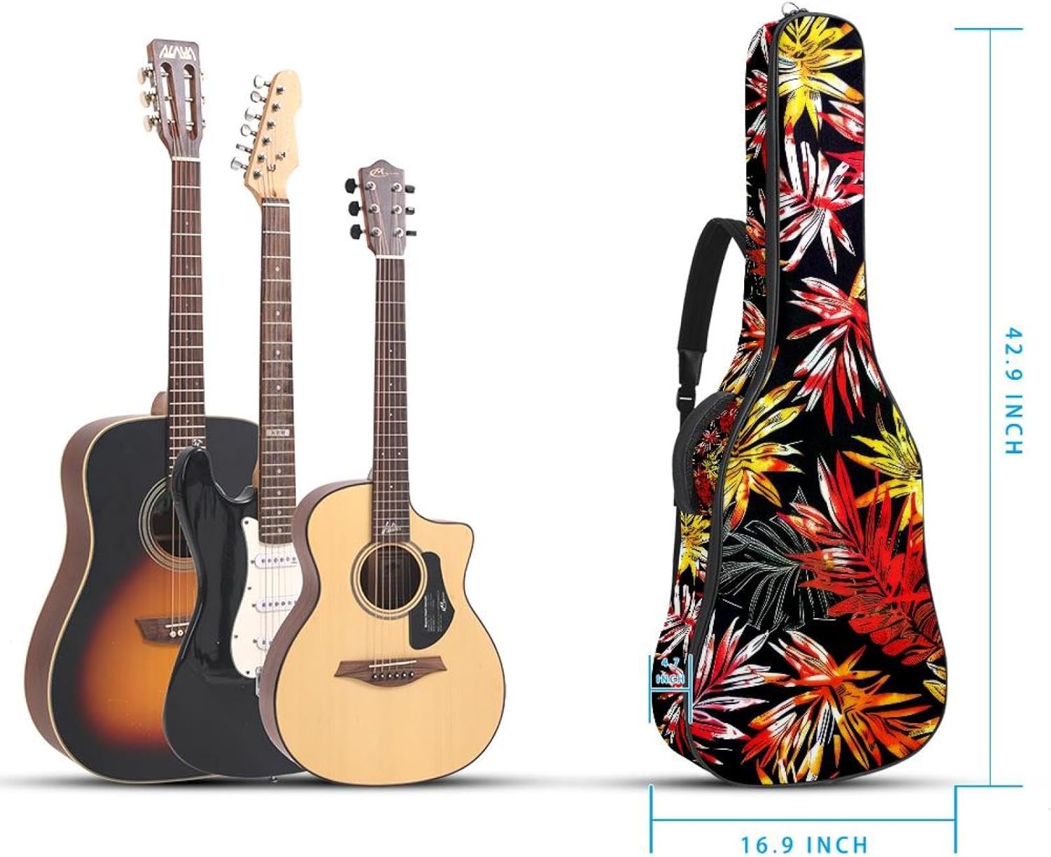 40 41 42 Inch Acoustic Guitar Bag, 0.4 In Thick Sponge Padded Guitar Case Gig Bag with Back Hanger Loop and 2 Pockets, Aesthetic Tropical Pattern Background