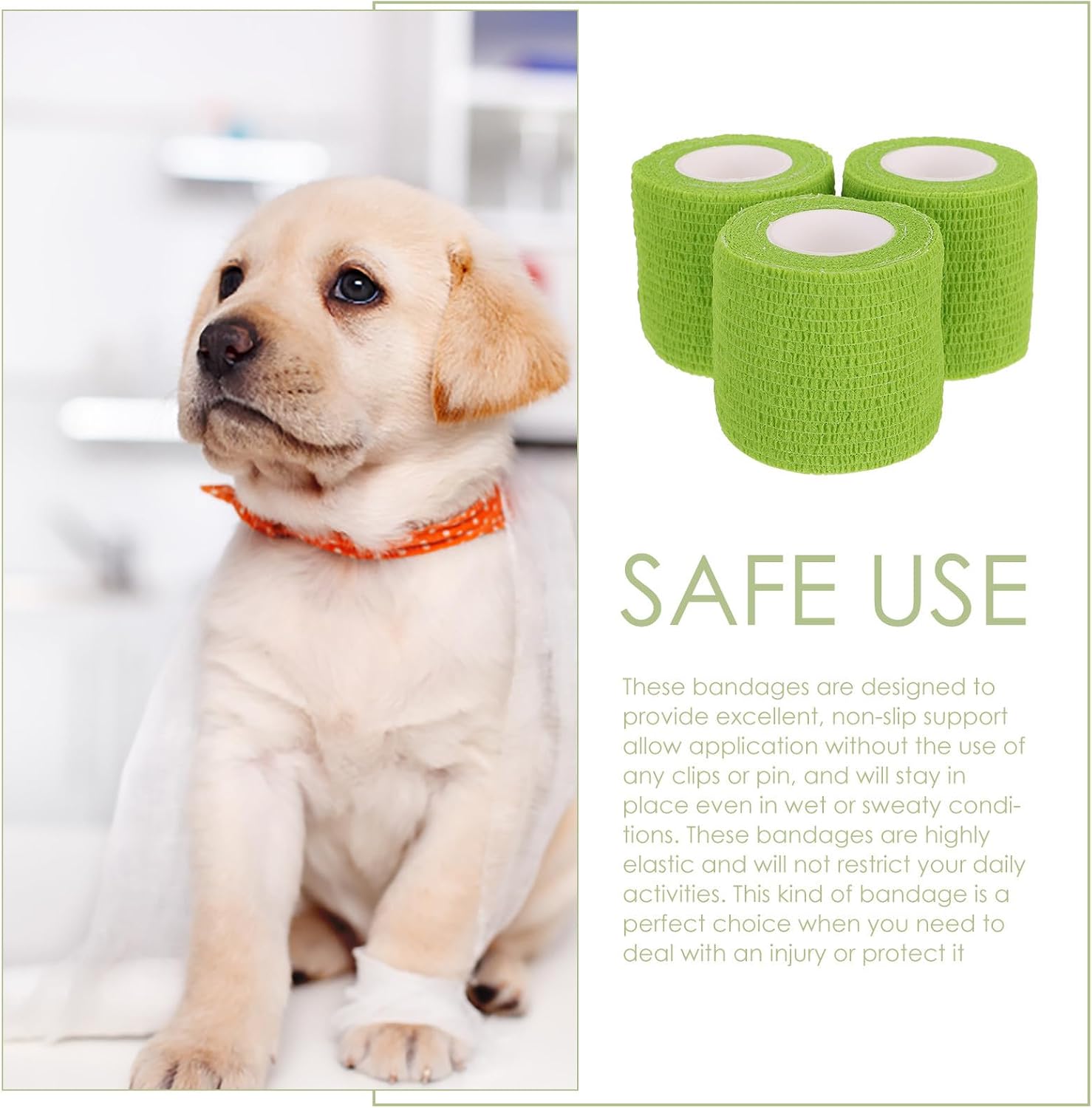 3 Rolls Self Adhesive Skin Tape Green Elastic Bandage Wrap with Strong Support and Breathable Non-Woven Fabric for Sports Protection and Manual Operation