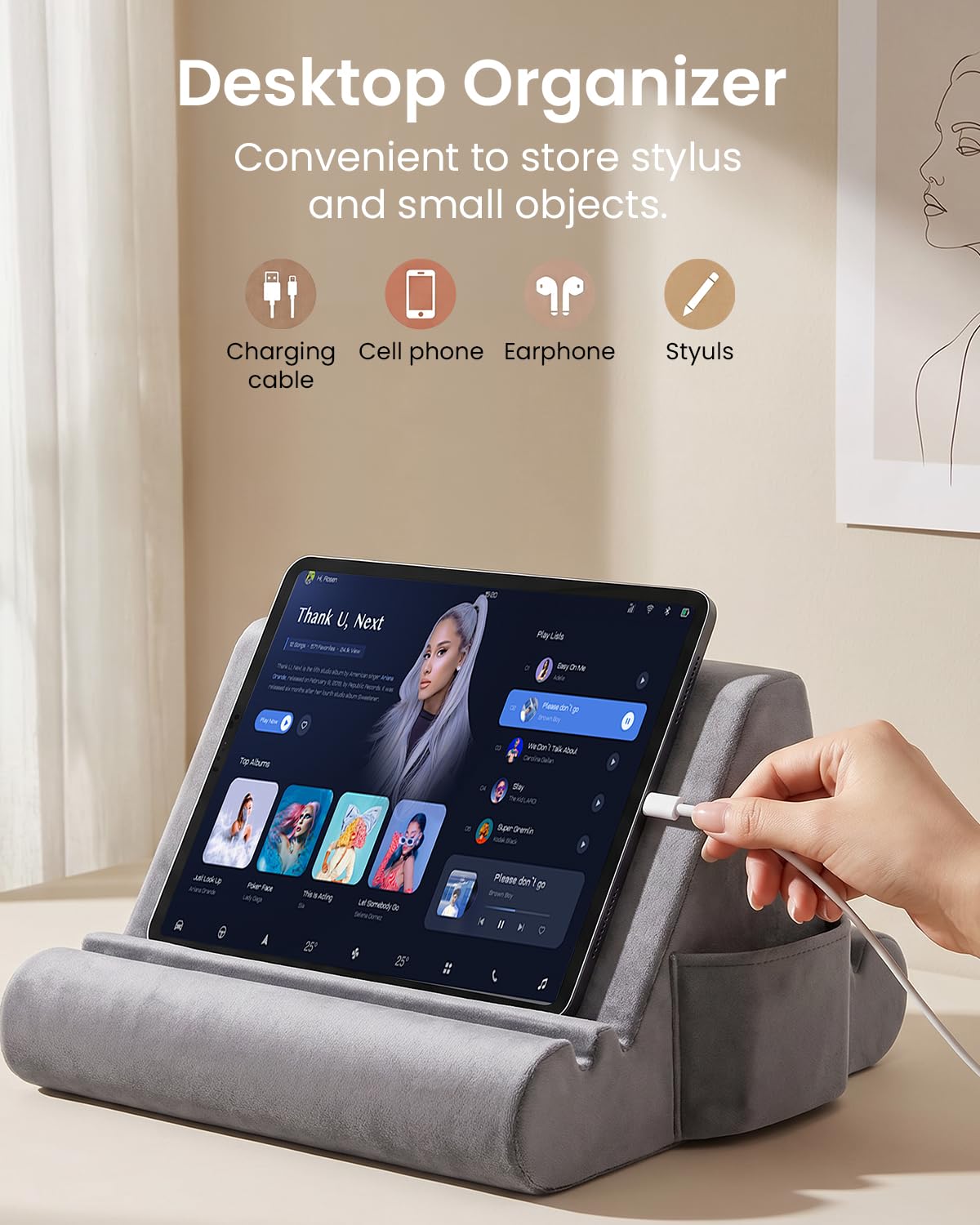 Support tablette en forme de coussin, coussin doux pour les genoux, support tablette pour le lit avec 3 angles de vue, poche, support pour stylet, compatible avec iPad Pro 13, 10.5, Air, Mini