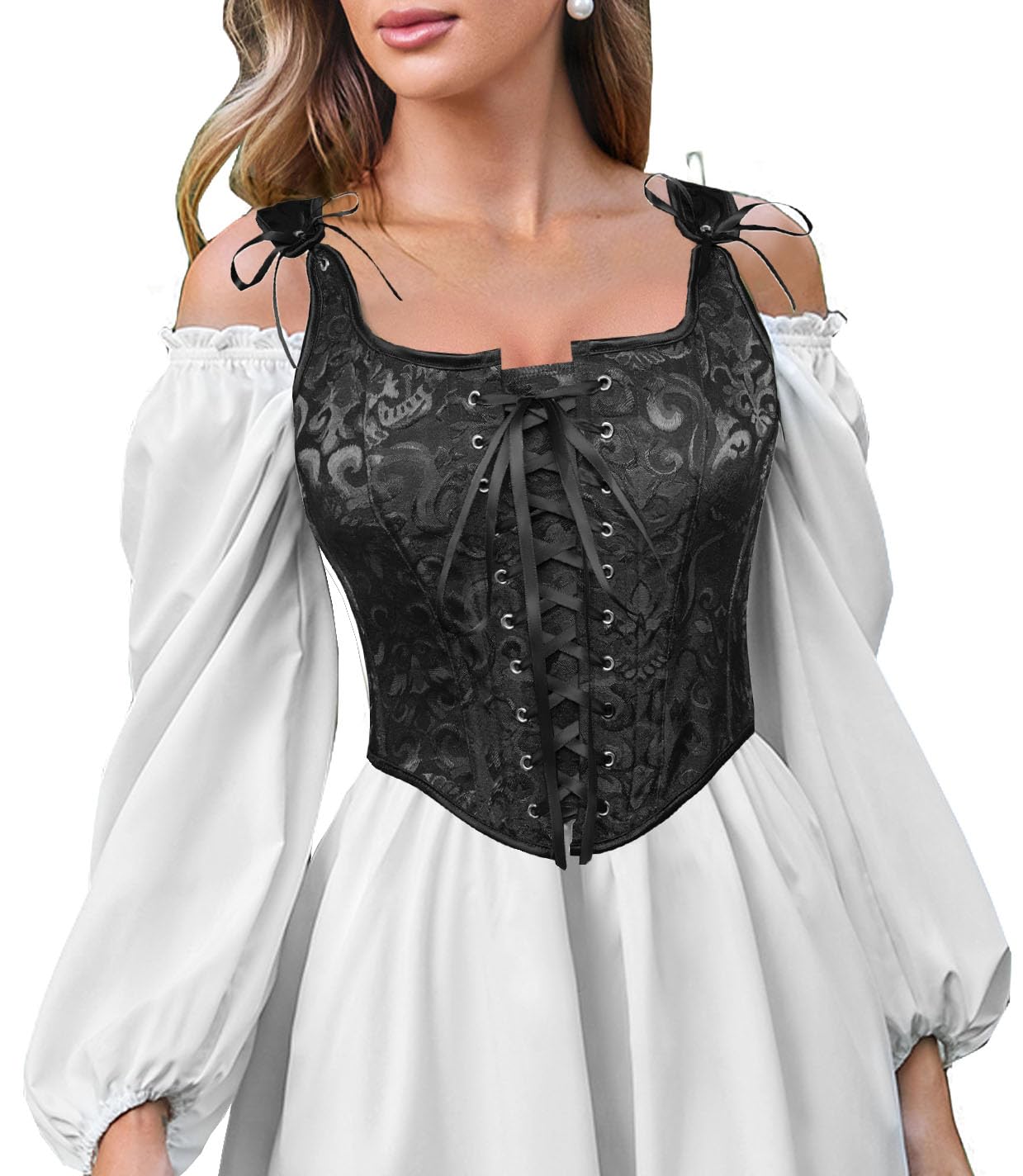 Scarlet Darkness Women Renaissance Corset Pirate Bustier Top Bodice Bodyshaper Black Jacquard Size 14