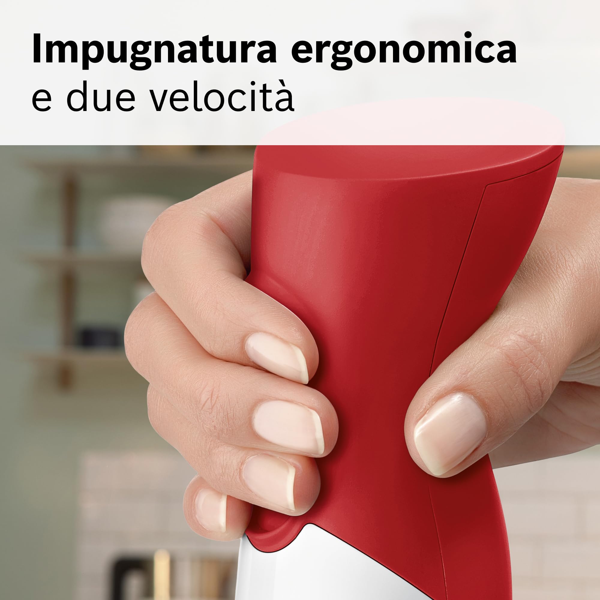 Bosch Frullatore a Immersione MSM64110, 450 W, Impugnatura Ergonomica, Piede in Acciaio Inox, Lama a 4 ali Acciaio Inox, Due Livelli di Velocità, Pratico Bicchiere Graduato Incluso, Bianco, Rosso