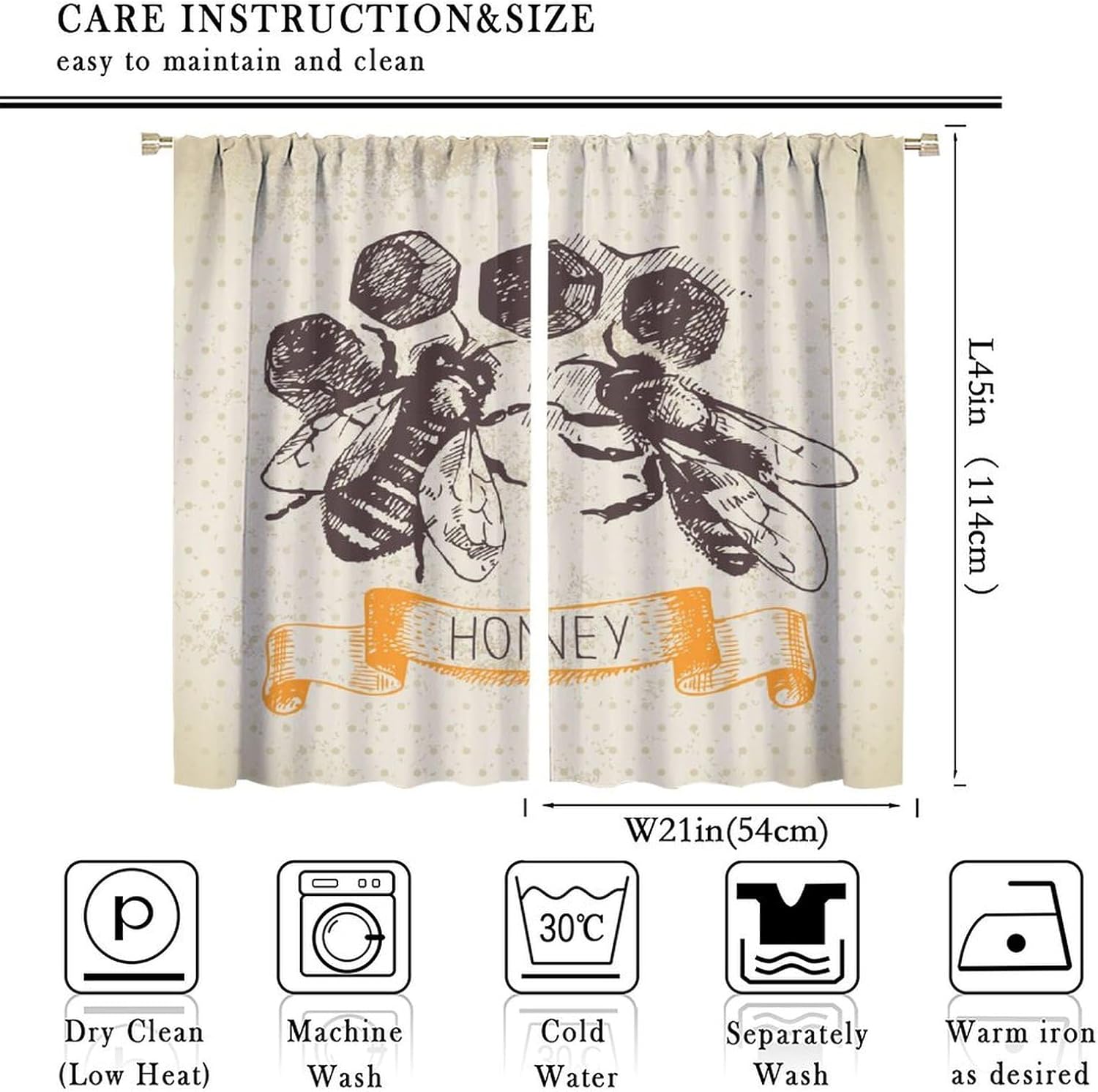 Vintage Bee Blackout Curtain, Retro Rustic Farmhouse Bee Honey Insect Pattern Window Treatments 2 Panels Drapes for Kitchen Living Room Bedroom Decor 42x45in