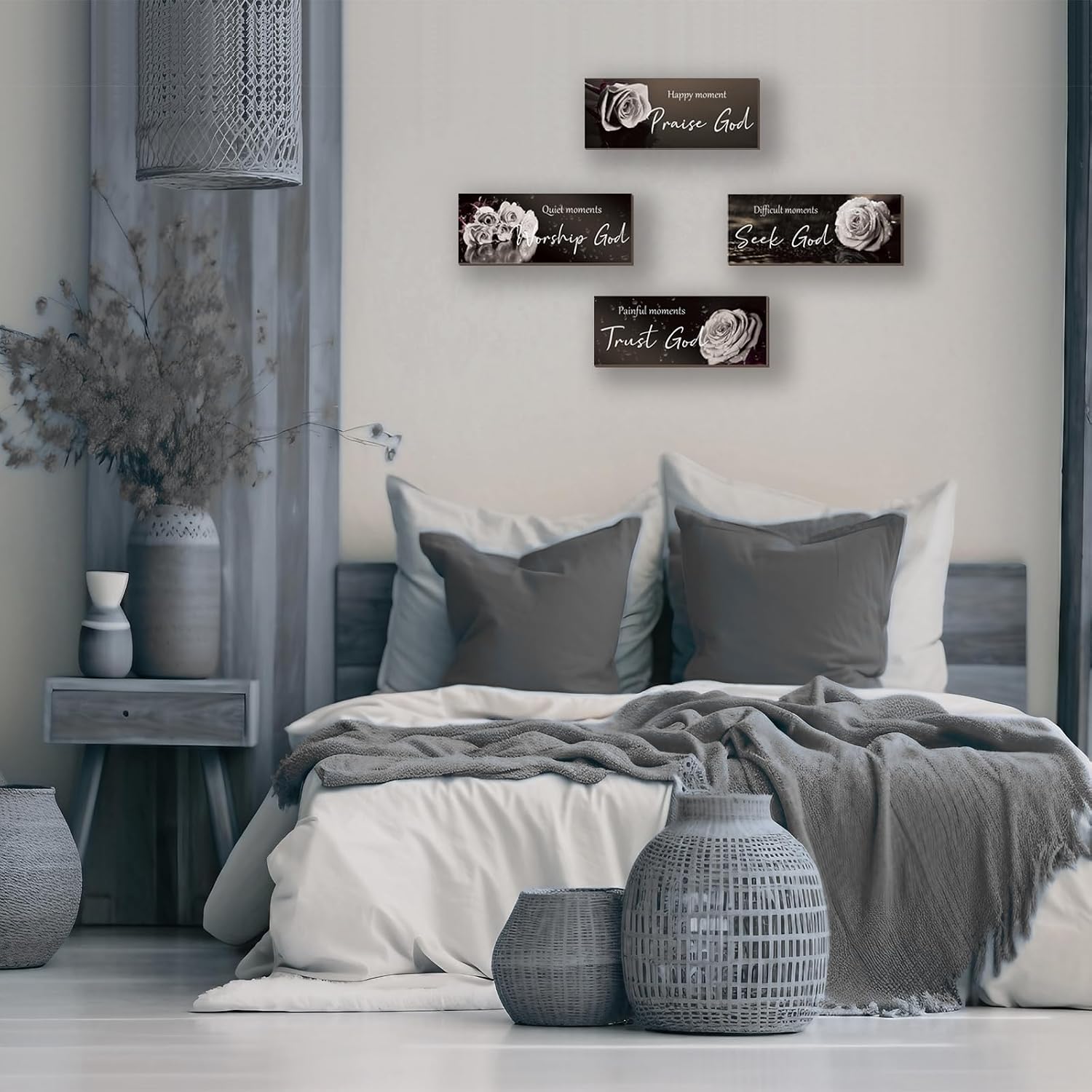 ONIZHITY 4Pcs Religious Wall Art Bible Verse Inspirational Black & White Rose Wall Decor Rustic Christian Sign for Home, Bathroom, Office, Bedroom, Living Room (10x4")