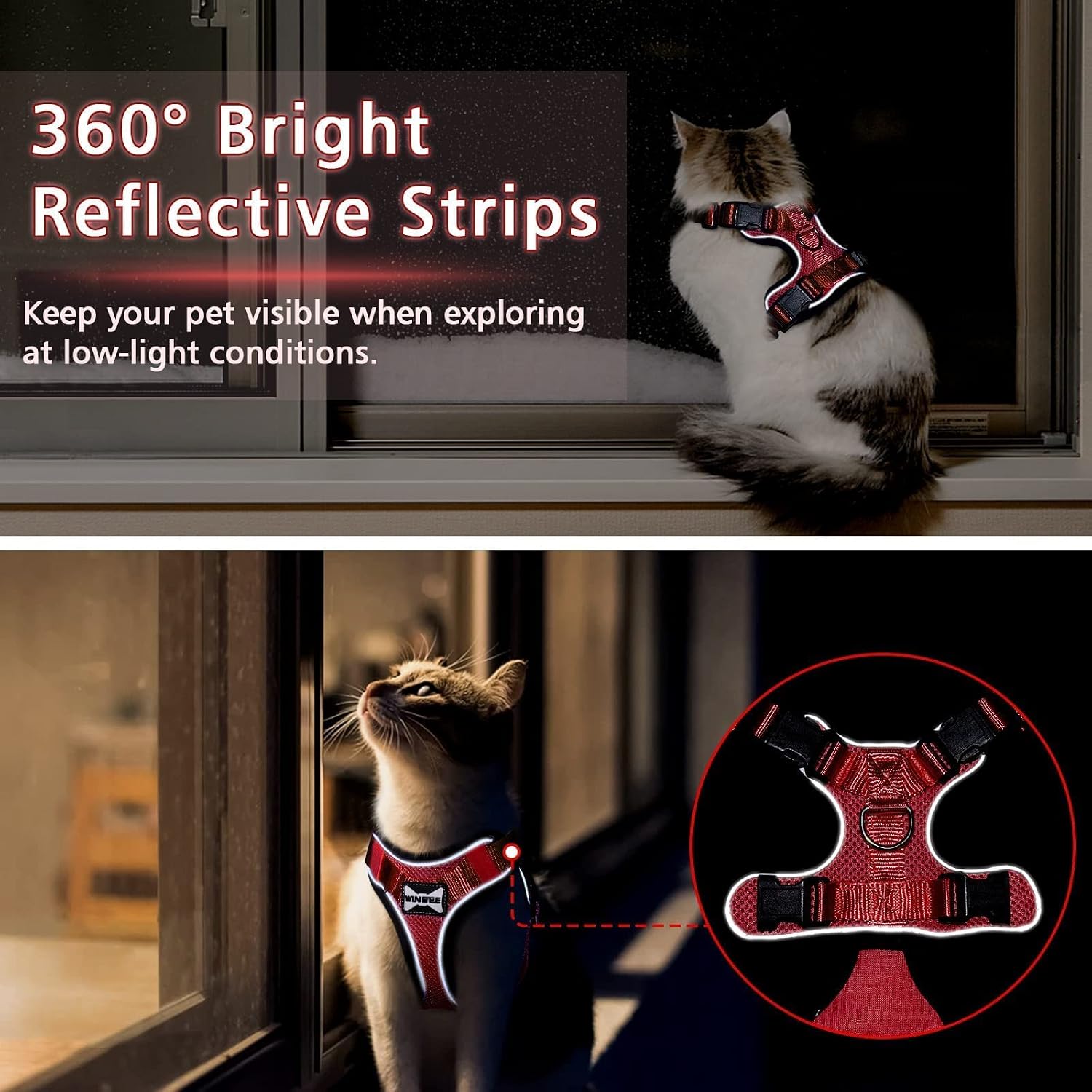 WINSEE Small Dog Harness and Leash with 4 Buckles for Big Cat,Escape Proof Breathable Cat Harness for Walking, Soft Adjustable No Pull Vest Harnesses for Cats/Small Dogs