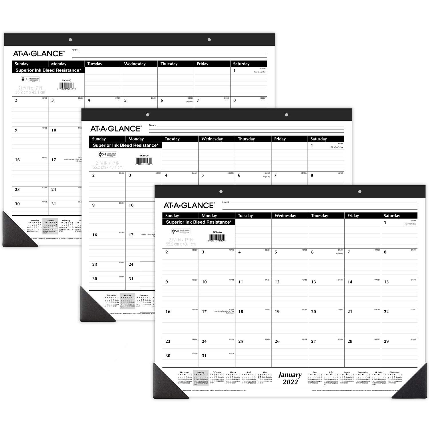 AT-A-GLANCE - Calendarios de escritorio 2022, almohadillas de escritorio mensuales, 21-3/4 x 17 pulgadas, estándar, bloques con rayas, paquete de 3 (AZSK2400)