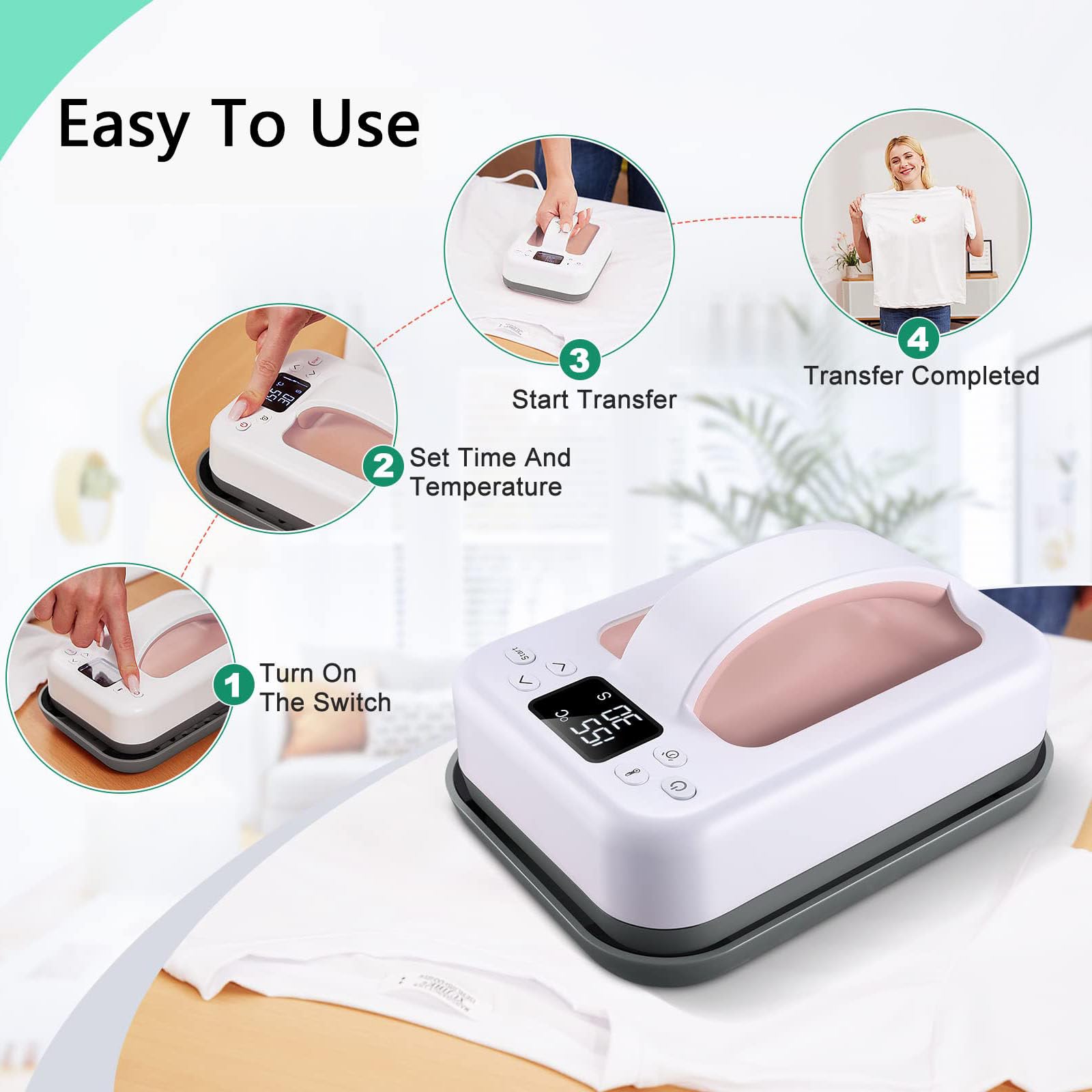 Prensa Térmica para Camisetas, 7,9 × 5,5 Pulgadas, Prensa Térmica Rápida Portátil: Fácil De Planchar con Control Preciso De Temperatura/Base De Seguridad Aislada Y Apagado Automático