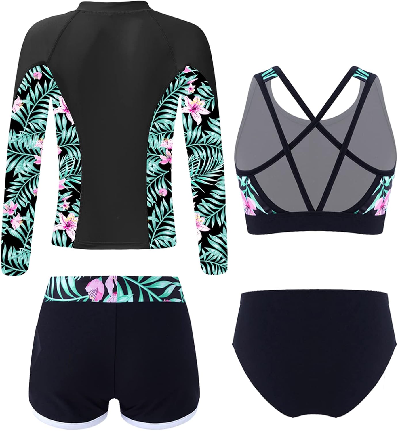 Rash Guard Set for Teens Girls Flower Printed Swimshirts Shorts with Underwear 4 Pcs Swimwear