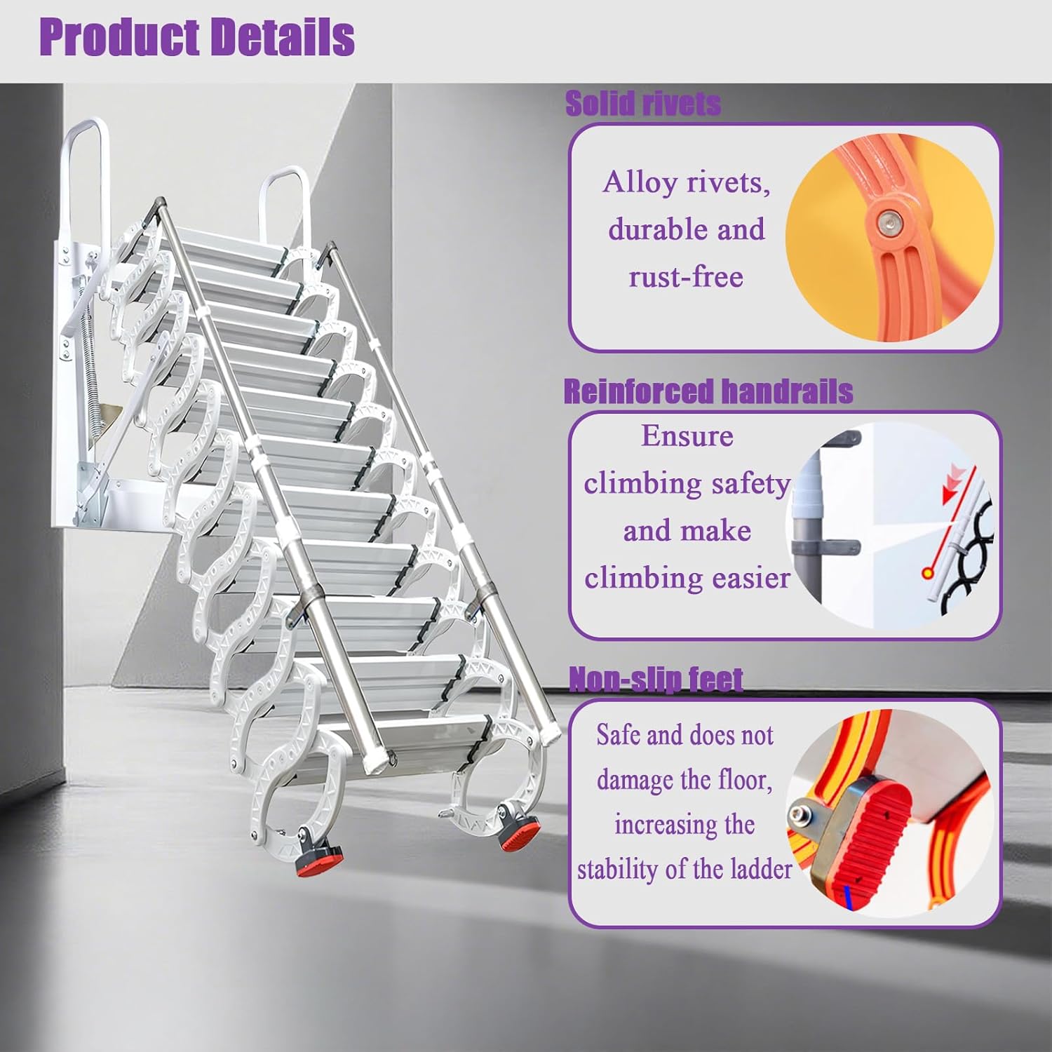 10FT Pull Down Attic Stairs, 12 Steps Wall Mounted Folding Loft Ladder,Extension Steps Ladder with Armrests， Folding Loft Staircase with Handrails