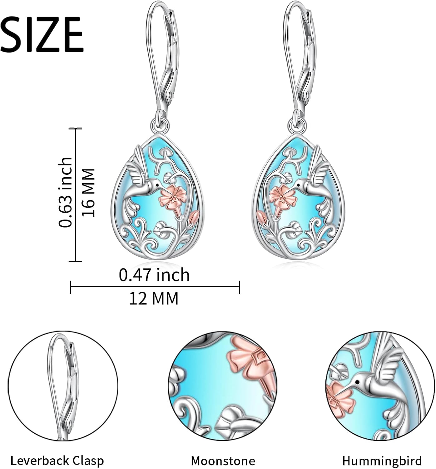 Alphm Hummingbird Moonstone Earrings 925 Sterling Silver Filigree Leverback Drop Dangle Earrings Teardrop Jewelry Birthday Gifts for Women