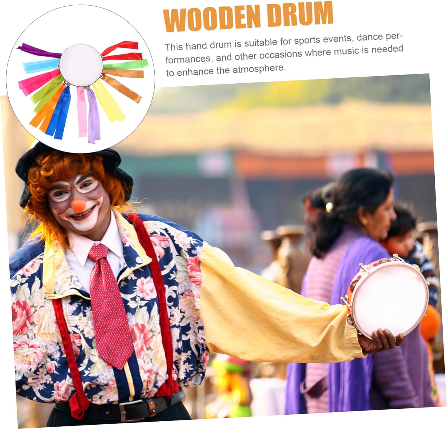 Hand Drum with Ribbons Thickened Handheld Tambourine Stage Performance Percussion Instrument for Dance Sports Events