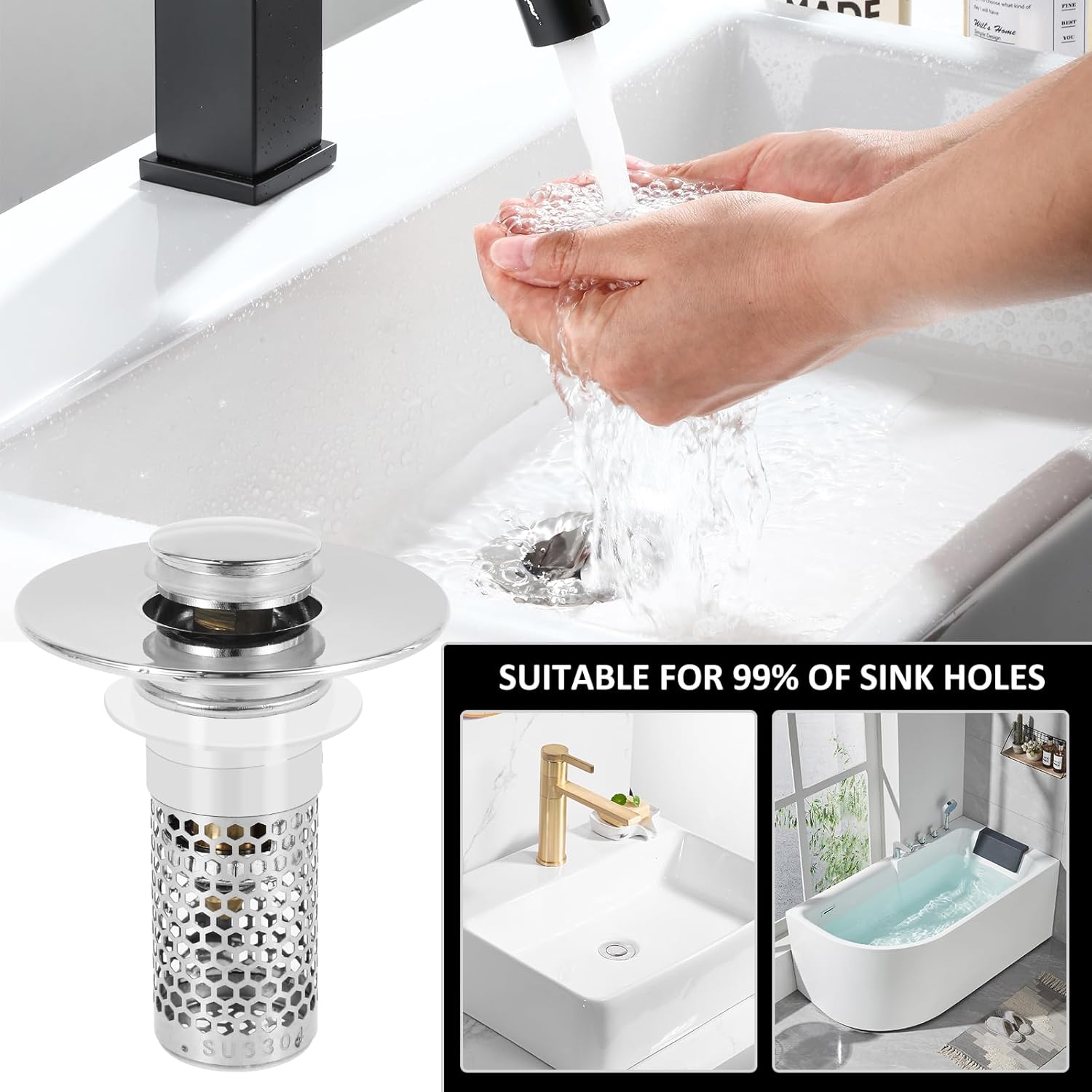Bathroom Sink Drain Strainer, Stainless Steel Pop Up Sink Drain Filter with Removable Filter Basket Hair Catcher, Fine Filtration, Anti Clogging Sink Stopper Filter Basket for Bathroom (4)
