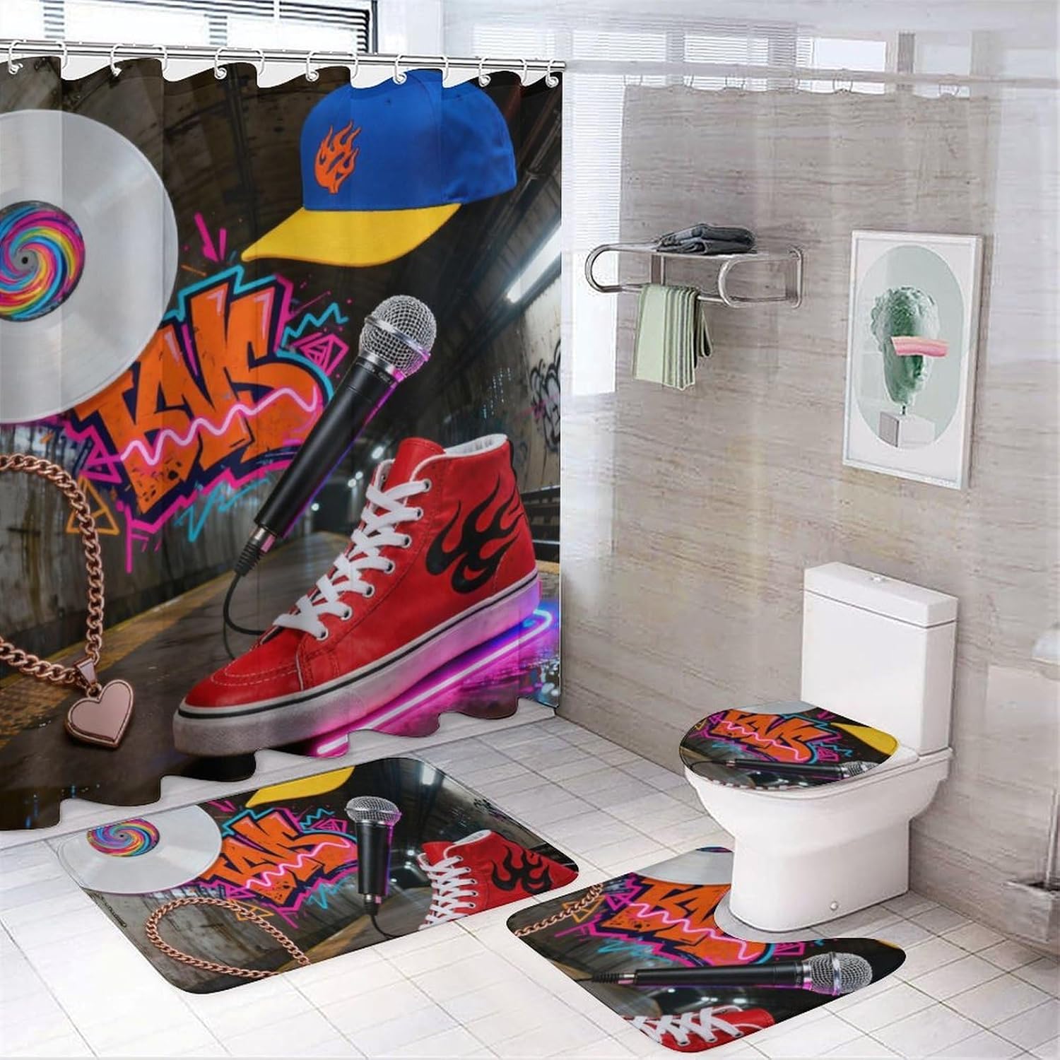 4 Piece Bathroom Rug Set with Shower Curtain, Non-Slip Bath Mat Toilet Cover Set, Hip-hop Keychain Bathroom Rug Sets