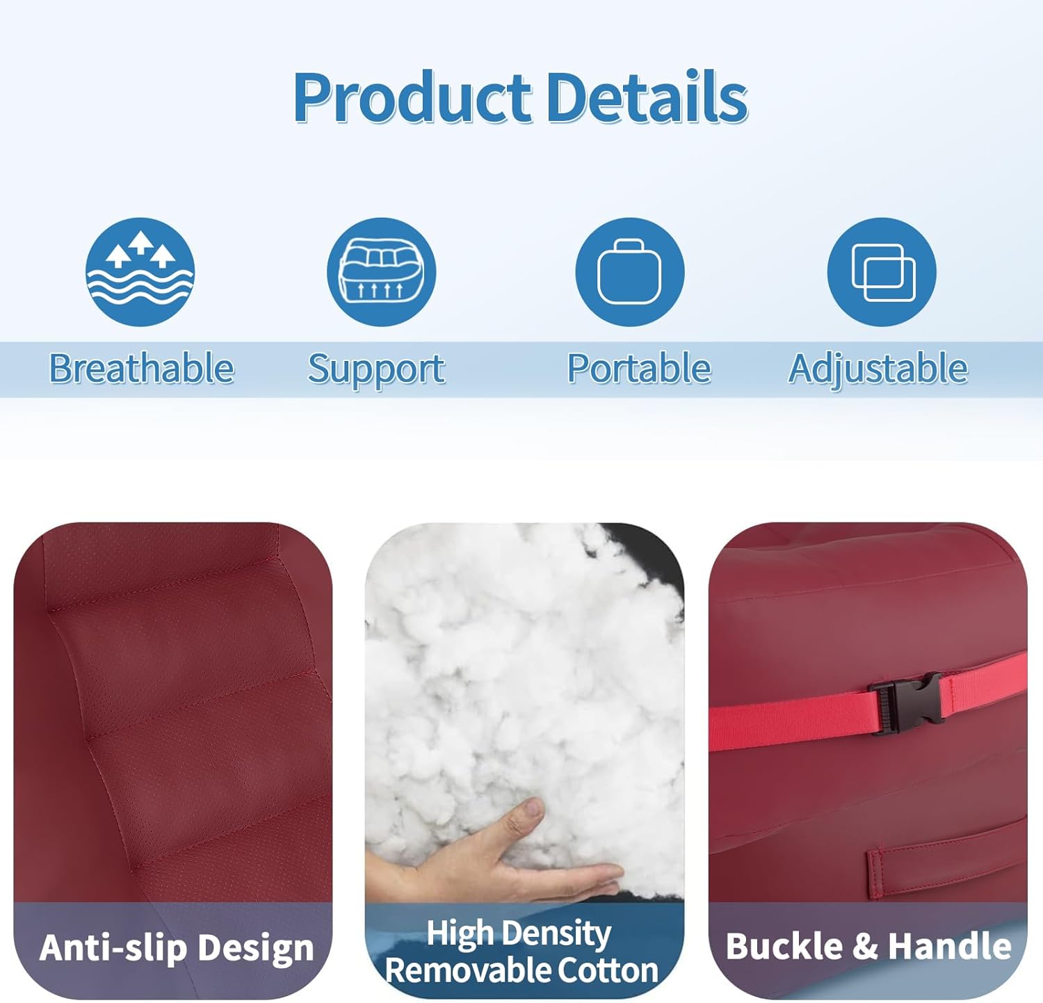 YOUFI Leather Seat Cushion Extra-Thick Booster for Office Chair to Rise Height - Full Filling for Support - with Breathable Cover, Handle and Buckle - Relieves Back Pain – 18"x16"x6" (Red)