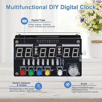 6 Bits Digital Clock Soldering Practice Kit with Colorful Lighting, DIY Countdow/up 24-Hour Alarm Clock Soldering Projects for Student School Education and Adult Home Office Use