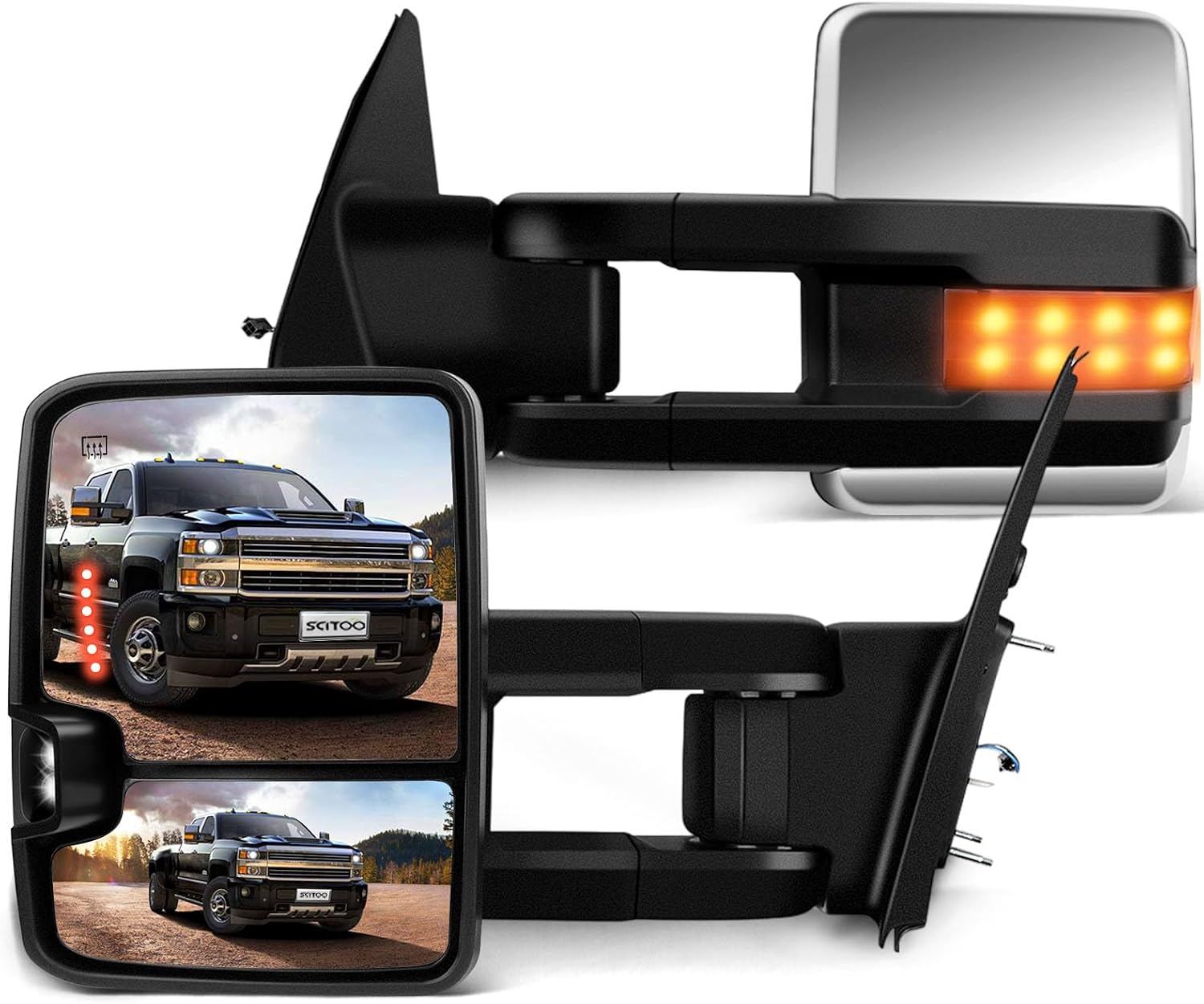 SCITOO Tow Mirrors Compatible with for 2007-2017 For Toyota For Tundra Pickup Truck Mirrors Power Adjusted Heated LED Turn Signal Parallel Auxiliary Light Chrome Housing LH RH