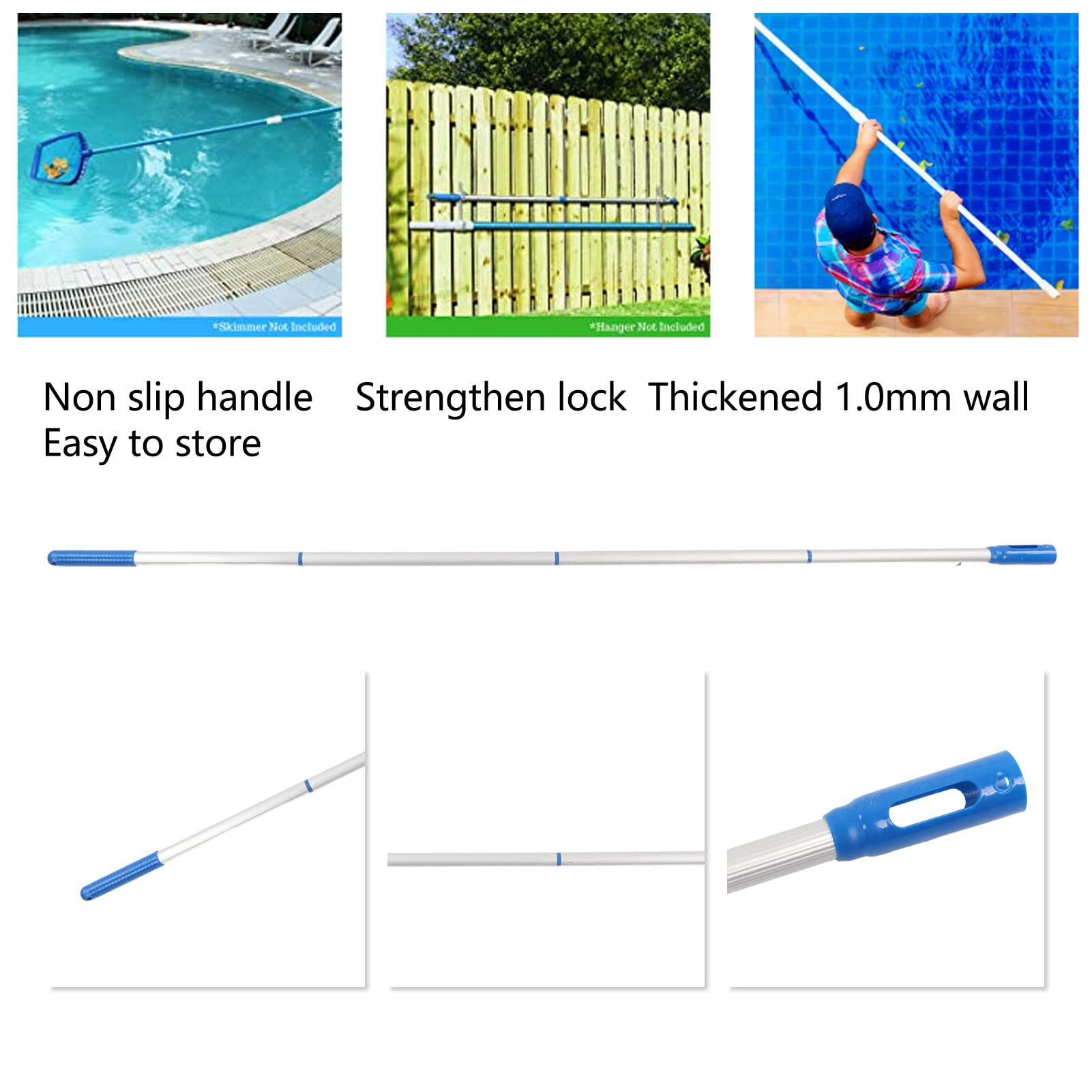 Fockety Poolstange, 4 Abschnitte, 1,6 Meter Aluminium-Poolstange, Teleskopisch, Keine Verformung, Pool-Verlängerungsstange, Schwimmbadzubehör für Skimmernetze, Vakuumköpfe, Bürsten