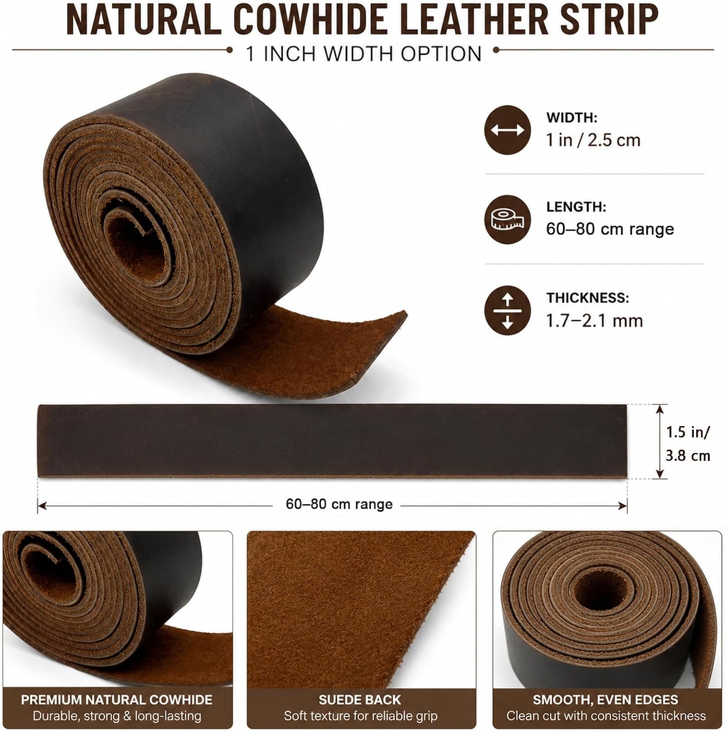 3 Pcs Natural Cowhide Leather Strips, 60-80 cm Craft Straps, 1 in / 1.5 in Brown Belt Material, Smooth Front Suede Back for DIY Leathercraft and Bag Handles