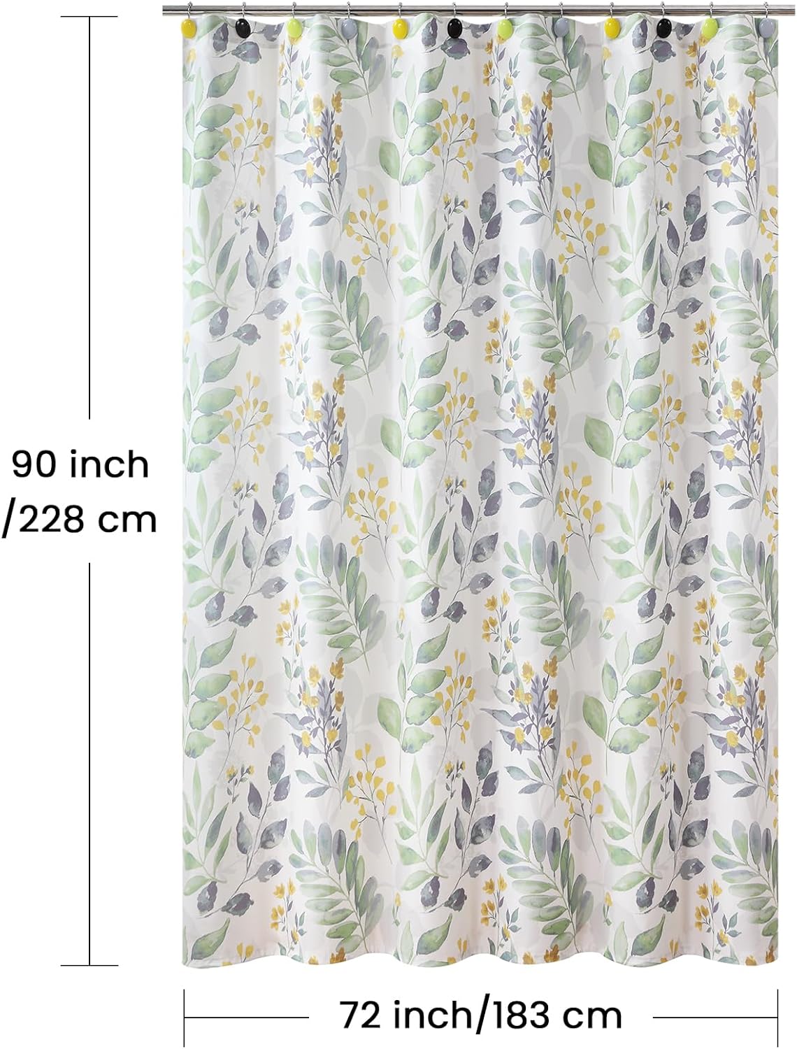 90 Inch Fabric Shower Curtain, Extra Long Sage Green Gray Yellow Watercolor Botanical Leaf Shower Curtains for Bathroom, 72" W x 90" H