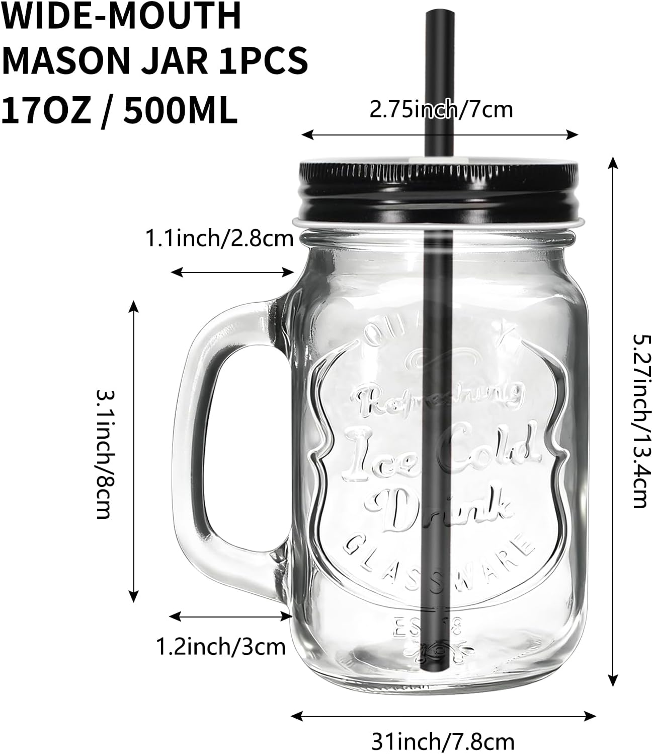 1Pc Mason Jar Drinking Glasses 16 oz. Colored Mugs With Embossed Ice-Cold Drinkware Logo, Glass Mason Jar Mug With Handle. For Smoothies, Cocktails, Beverages. Hand Wash (1, Clear)