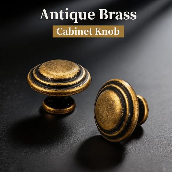 Gobrico 5 Pack 1-3/8 Inch Round Cabinet Knobs Antique Brass Top Ring Handles Bifold Kitchen Wardrobe Drawer Pulls