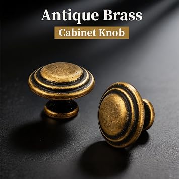 Gobrico 5 Pack 1-3/8 Inch Round Cabinet Knobs Antique Brass Top Ring Handles Bifold Kitchen Wardrobe Drawer Pulls