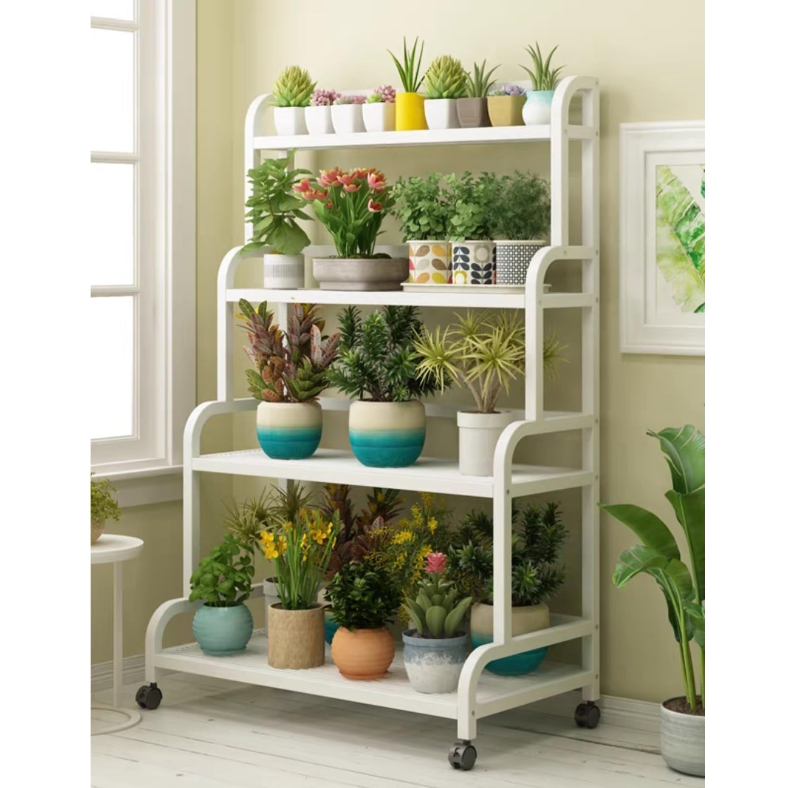 Étagère à plantes en métal à 4 niveaux - Étagère d'angle intérieure/extérieure pour plantes hautes, support pour plusieurs plantes pour salon, jardin, terrasse, balcon - Jardinière blanche (