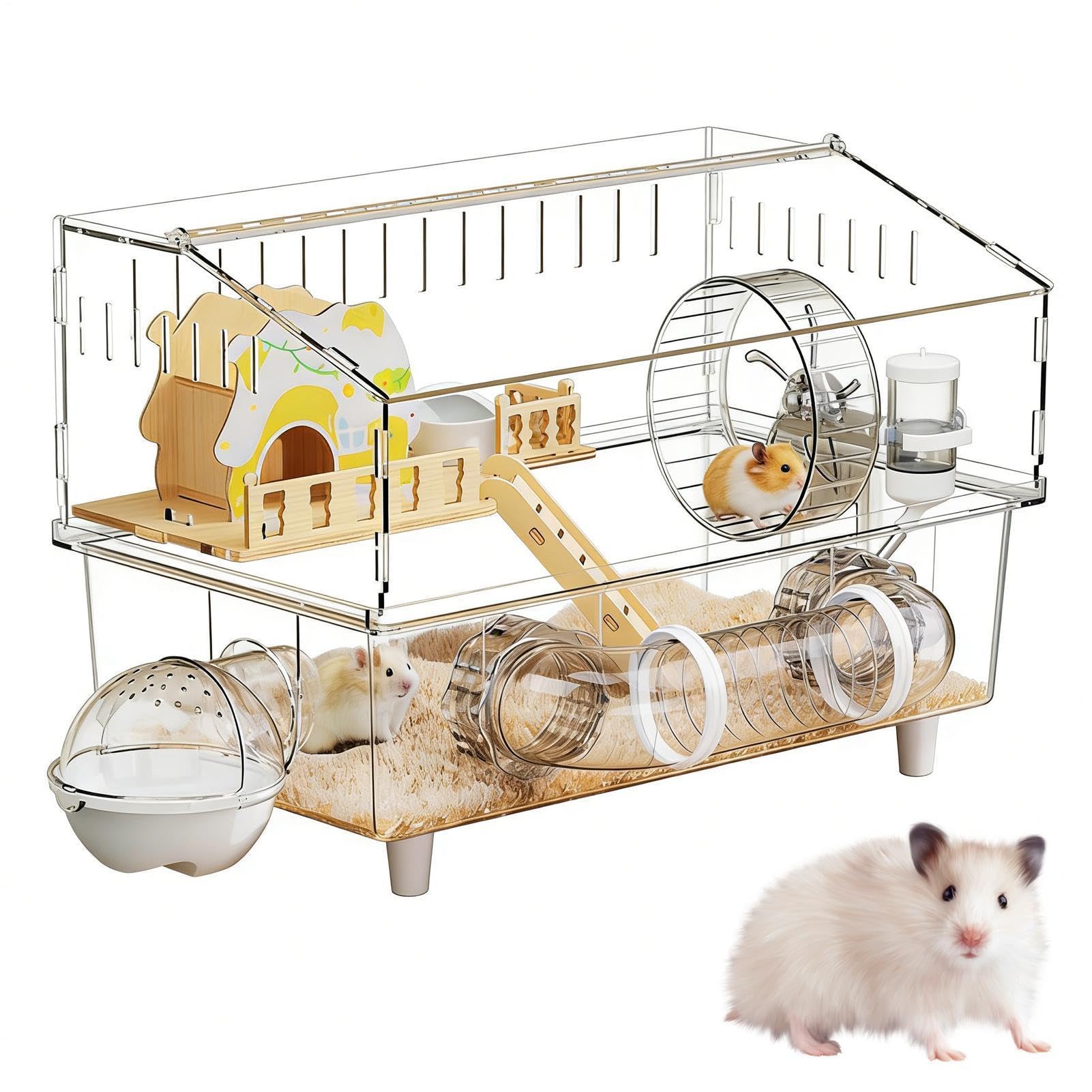 Jaula para Hámster Claro de 2 Pisos, Parque para Chinchilla | Jaula con Bebedero y Arenero para Observación de Animales Pequeños en Interiores y Exteriores